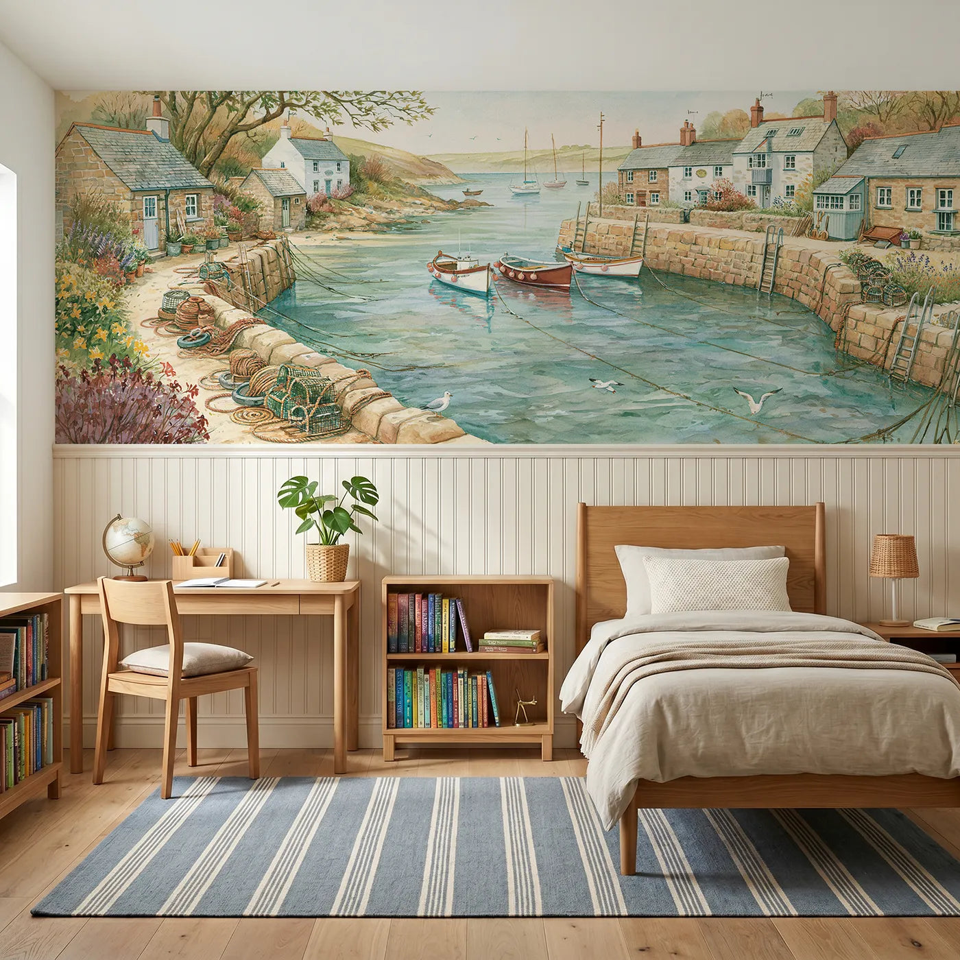 Storybook wainscoting wallpaper of a harbor cove on a bright morning by Whimsy Tots
