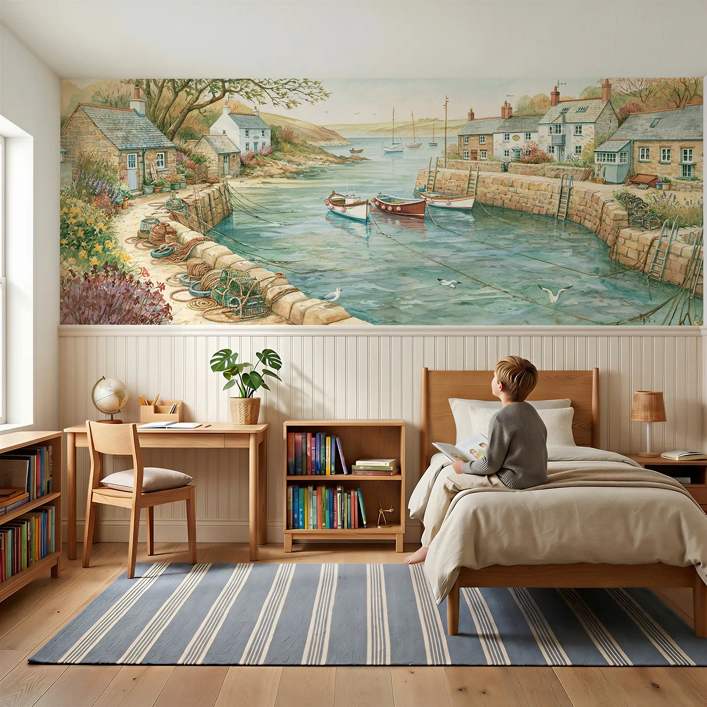 Child reading near Harbor Cove Morning Wainscoting Wallpaper by Whimsy Tots