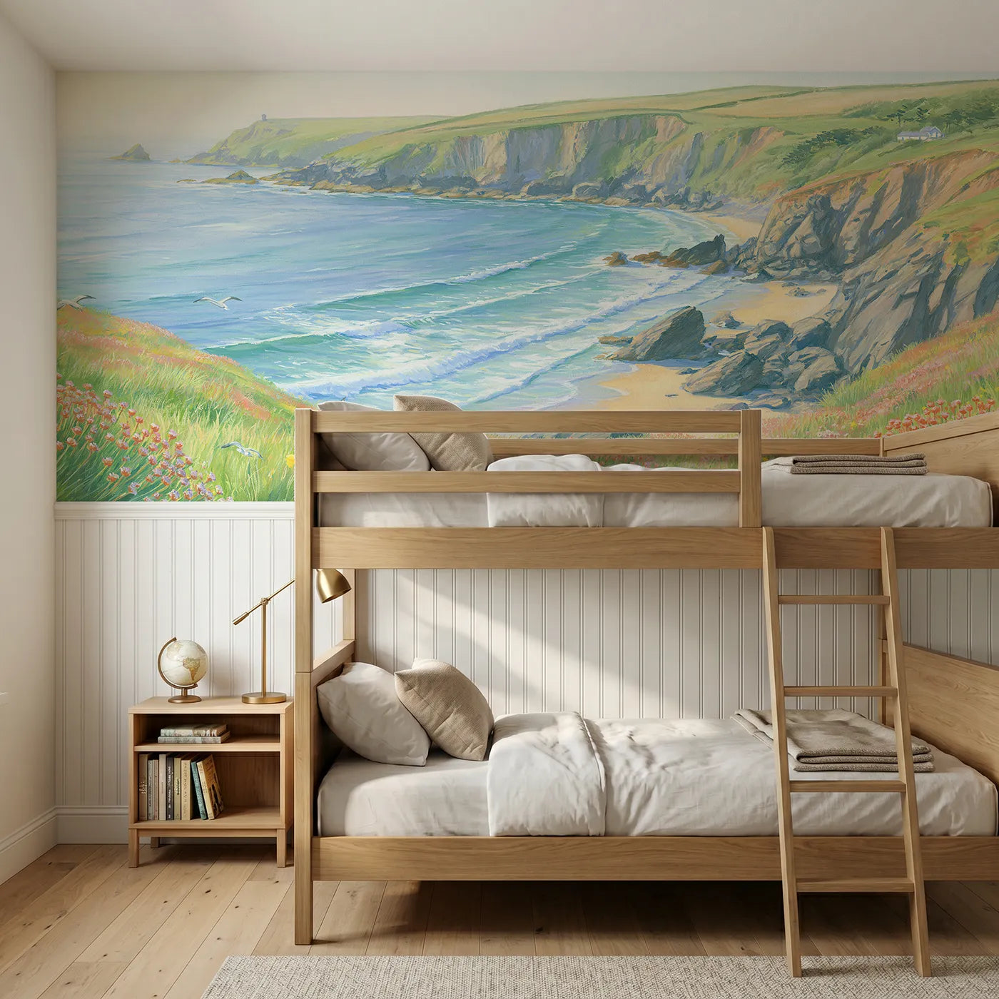Colored pencil wainscoting wallpaper of a bright green coastal headland by Whimsy Tots