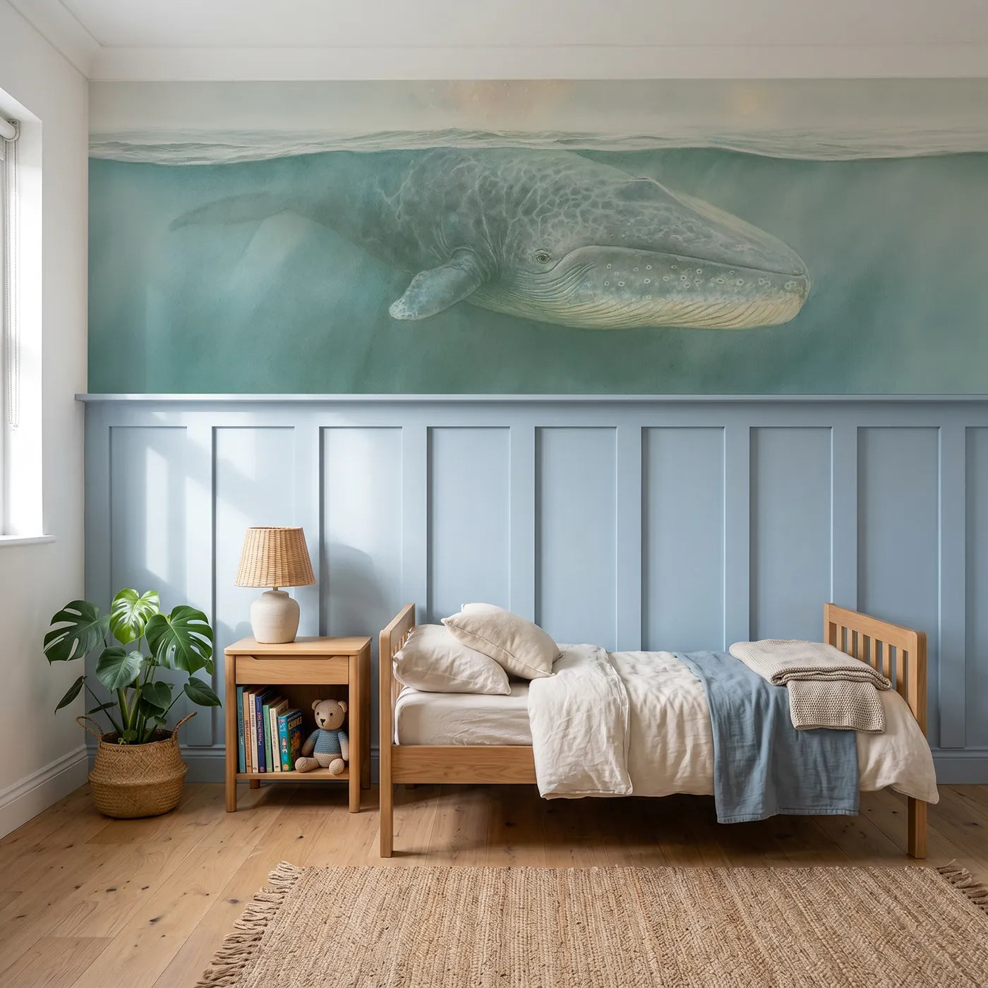 Colored pencil wainscoting wallpaper of a whale rising in moonlight by Whimsy Tots