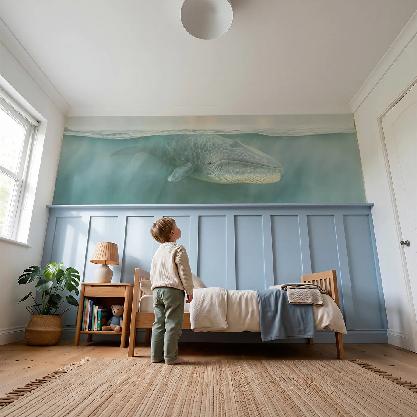 Child reading near Whale Moonlit Rise Wainscoting Wallpaper by Whimsy Tots