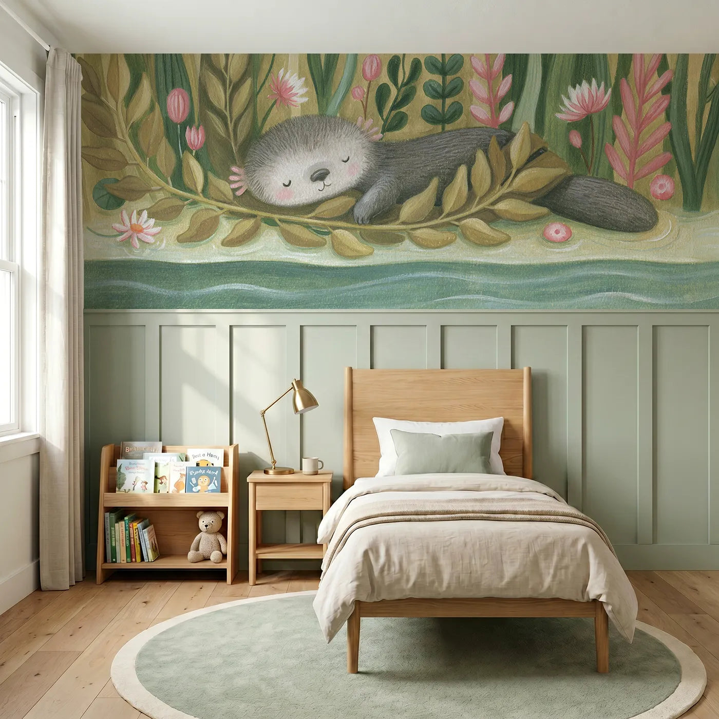 Colored pencil wainscoting wallpaper of an otter sleeping in a kelp wrap by Whimsy Tots