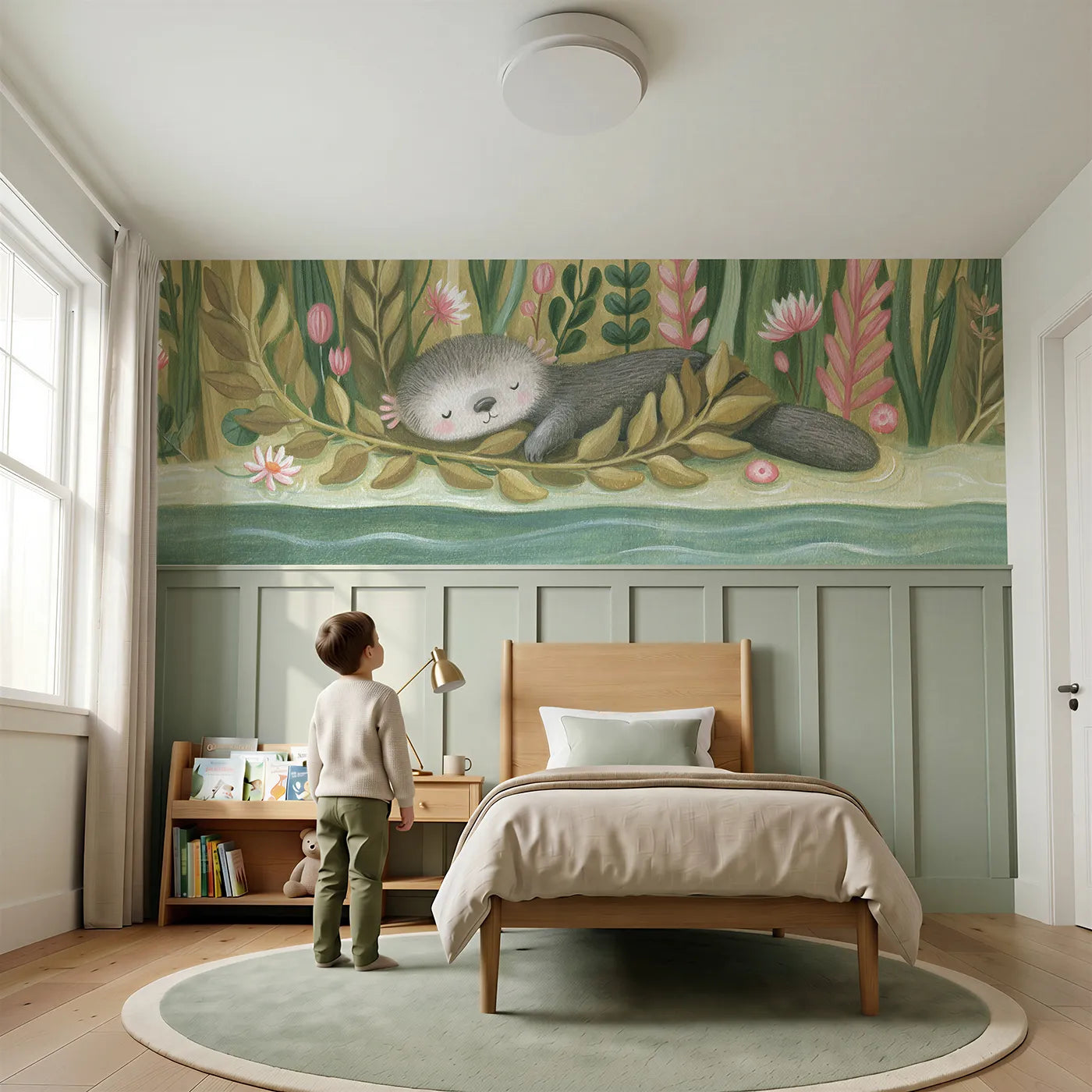 Child reading near Otter Sleepy Kelp Wrap Wainscoting Wallpaper by Whimsy Tots