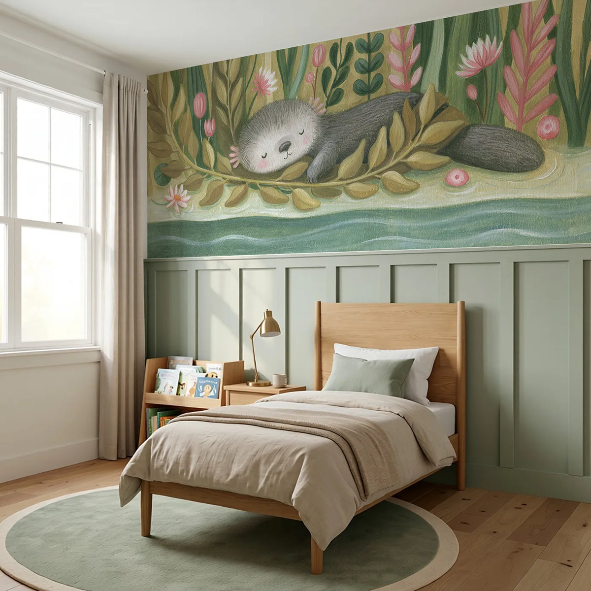 Otter Sleepy Kelp Wrap Wainscoting Wallpaper styled in a kids room by Whimsy Tots