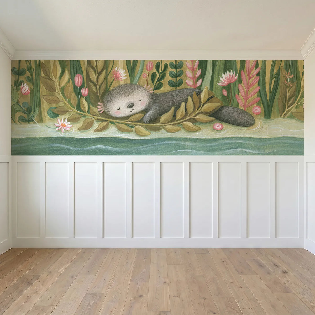 Full panel view of Otter Sleepy Kelp Wrap Wainscoting Wallpaper by Whimsy Tots