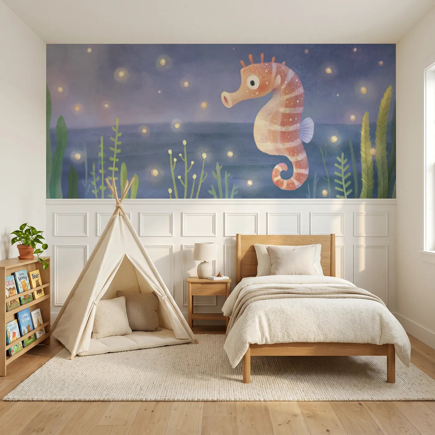 Colored pencil wainscoting mural of a seahorse with plankton glow by Whimsy Tots