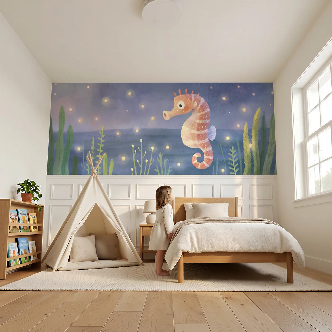 Child reading near Seahorse Night Light Wainscoting Wallpaper by Whimsy Tots