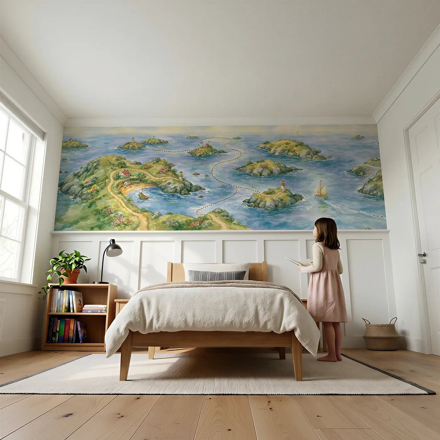 Child reading near Coastal Adventure Map Wainscoting Wallpaper by Whimsy Tots