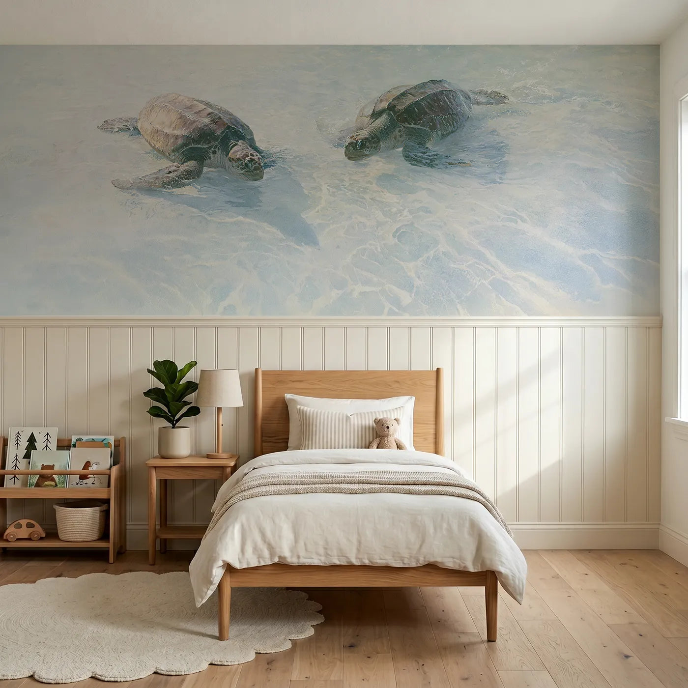Watercolor wainscoting wallpaper of two turtles gliding dawn shallows by Whimsy Tots