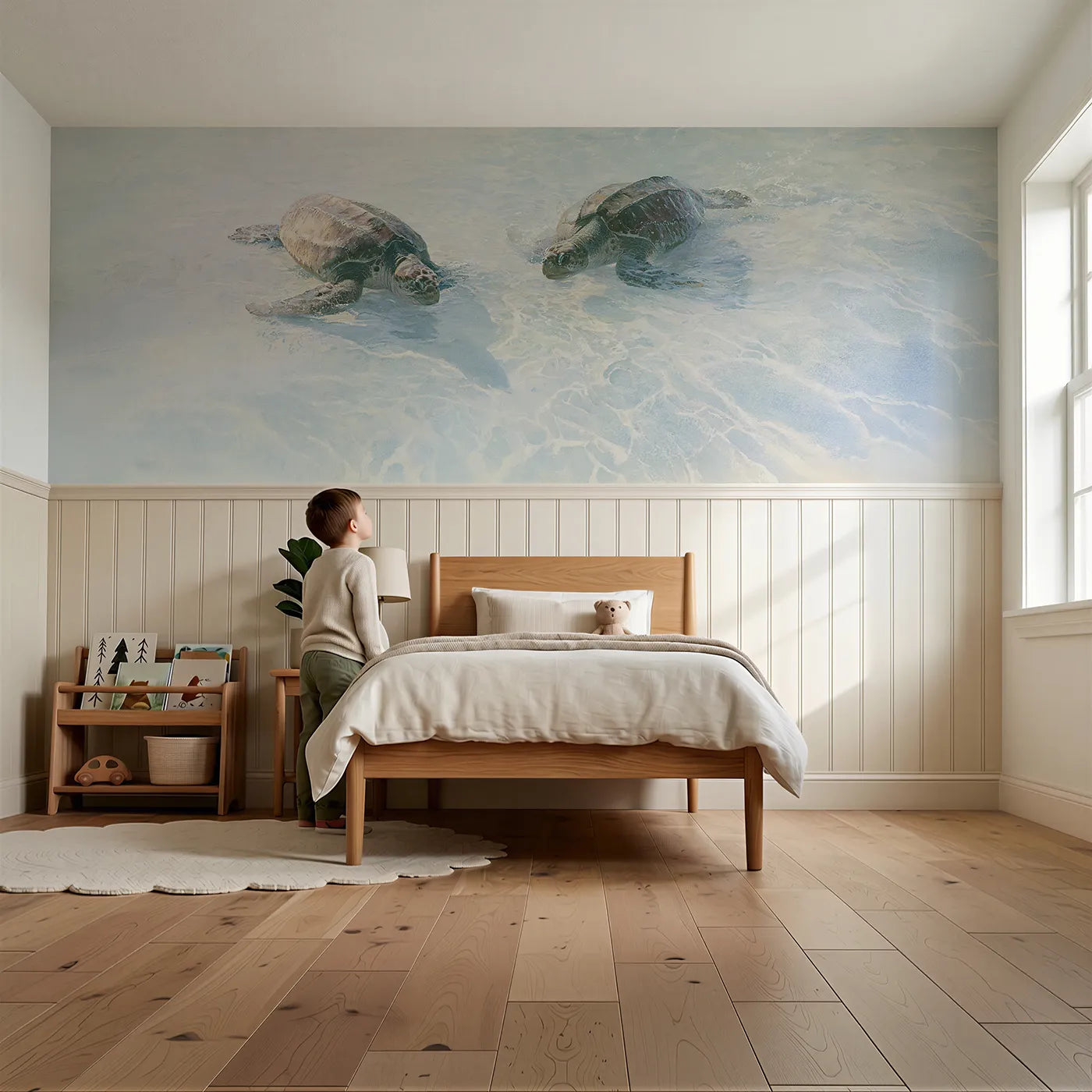 Child reading near Turtle Pair Morning Shallows Wainscoting Wallpaper by Whimsy Tots
