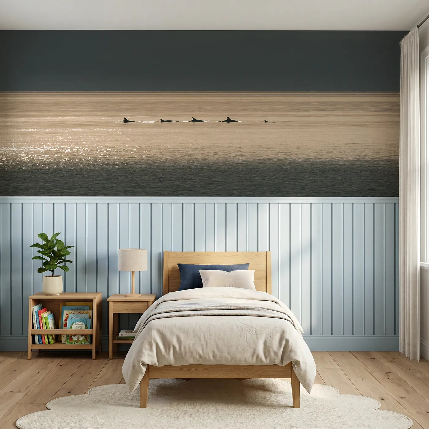 Watercolor wainscoting mural of a dolphin pod surfacing in moonglow by Whimsy Tots
