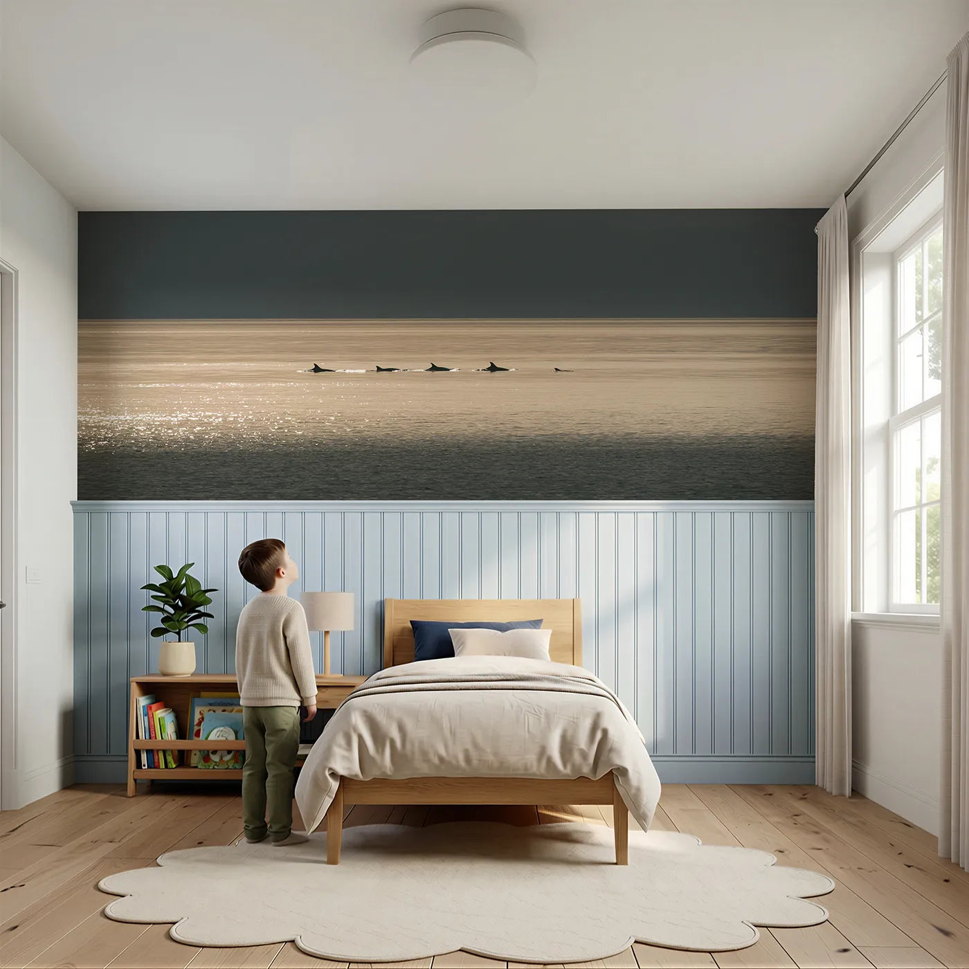 Child reading near Dolphin Pod Moon Glow Wainscoting Wallpaper by Whimsy Tots