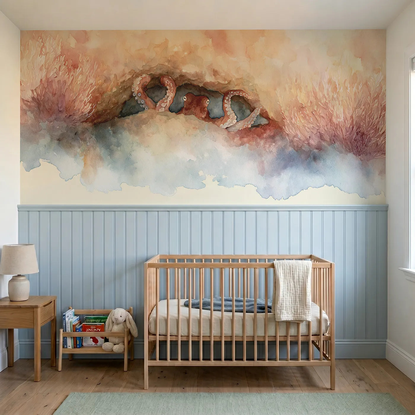 Watercolor wainscoting wallpaper of an octopus peeking from its den by Whimsy Tots