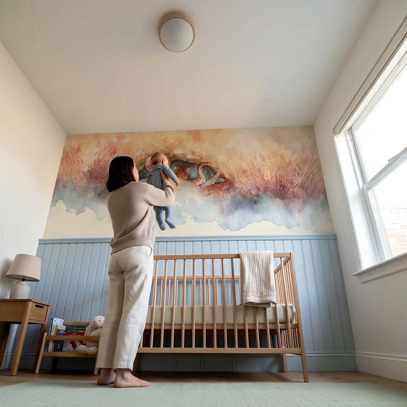 Child reading near Octopus Den Peek Wainscoting Wallpaper by Whimsy Tots