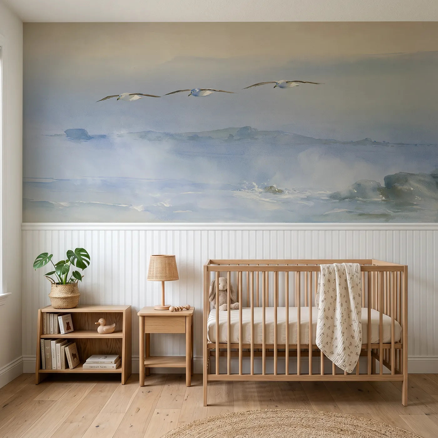Watercolor wainscoting wallpaper of gulls hovering on a steady breeze by Whimsy Tots