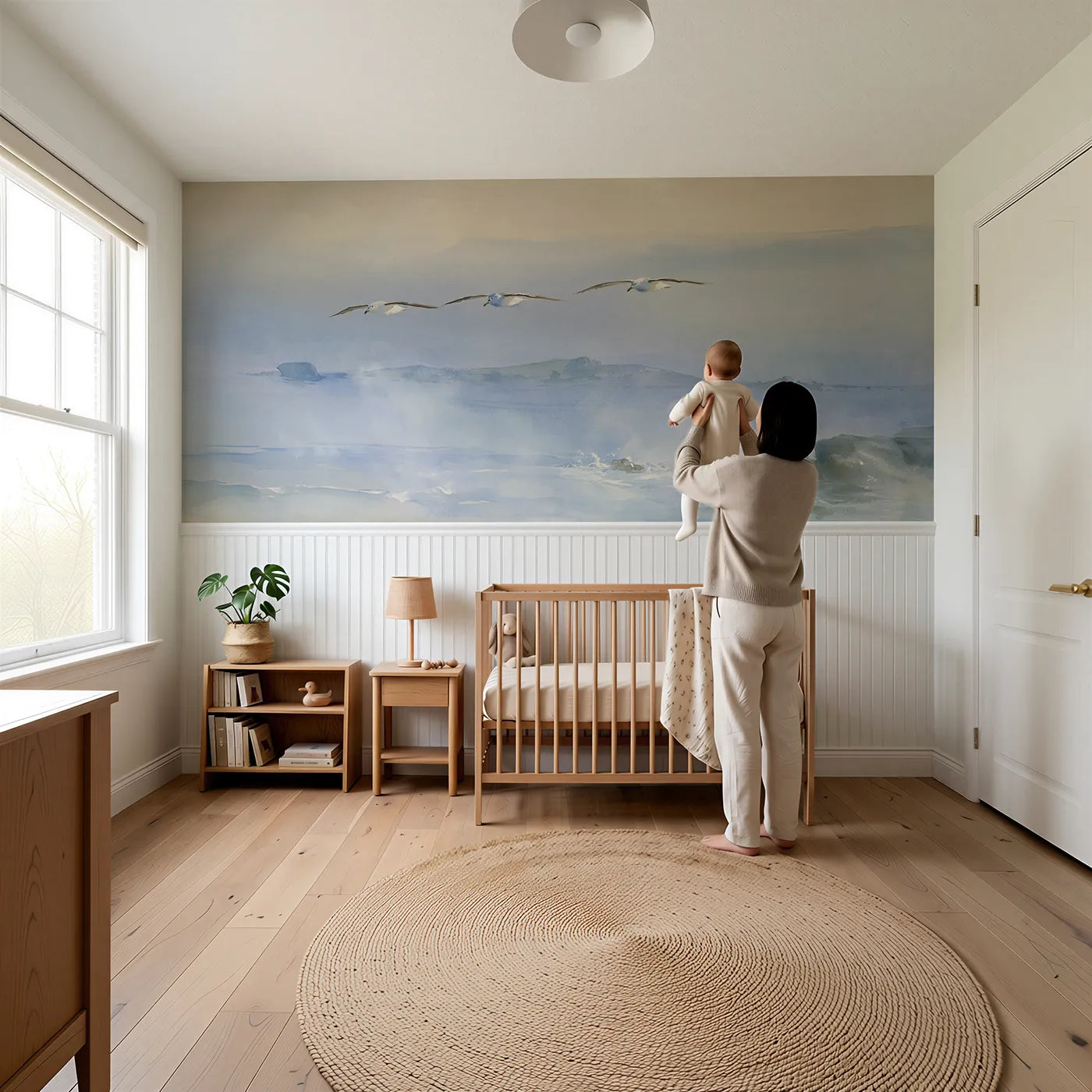 Child reading near Seagull Trio Breeze Wainscoting Wallpaper by Whimsy Tots