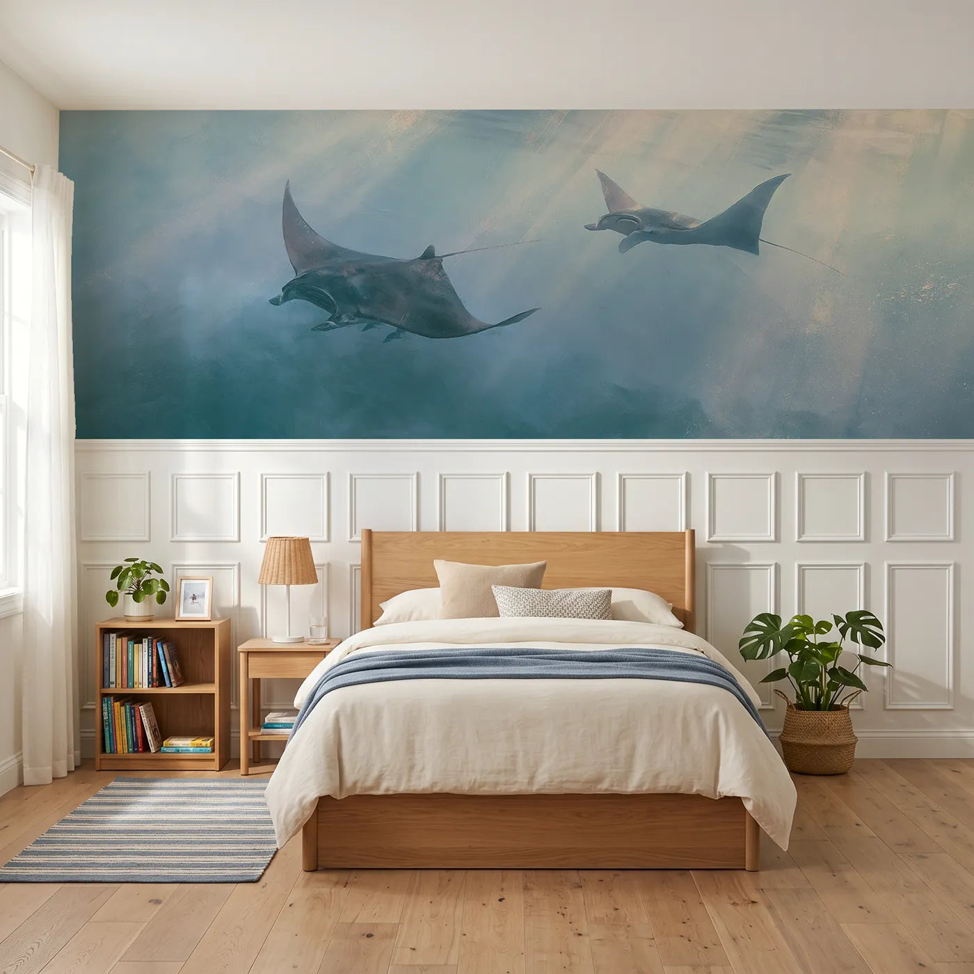 Watercolor wainscoting wallpaper of two manta rays soaring together by Whimsy Tots