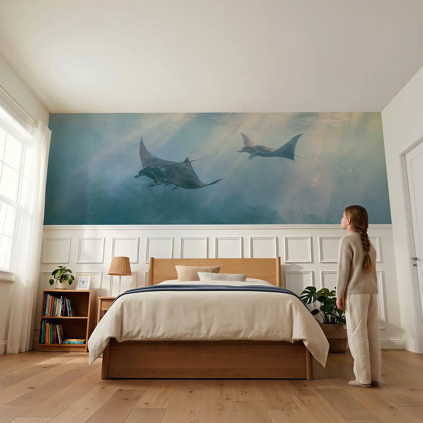 Child reading near Manta Pair Morning Soar Wainscoting Wallpaper by Whimsy Tots