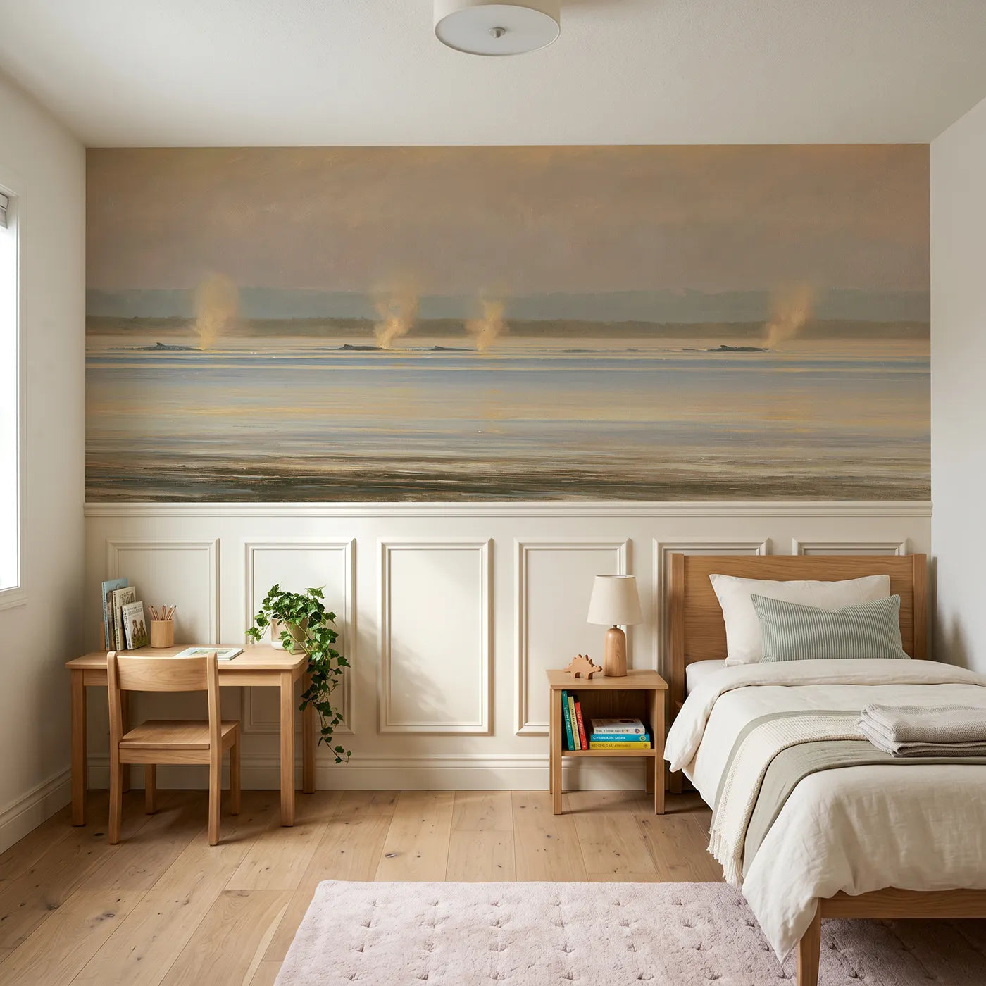 Watercolor wainscoting wallpaper of distant whale spouts at evening by Whimsy Tots