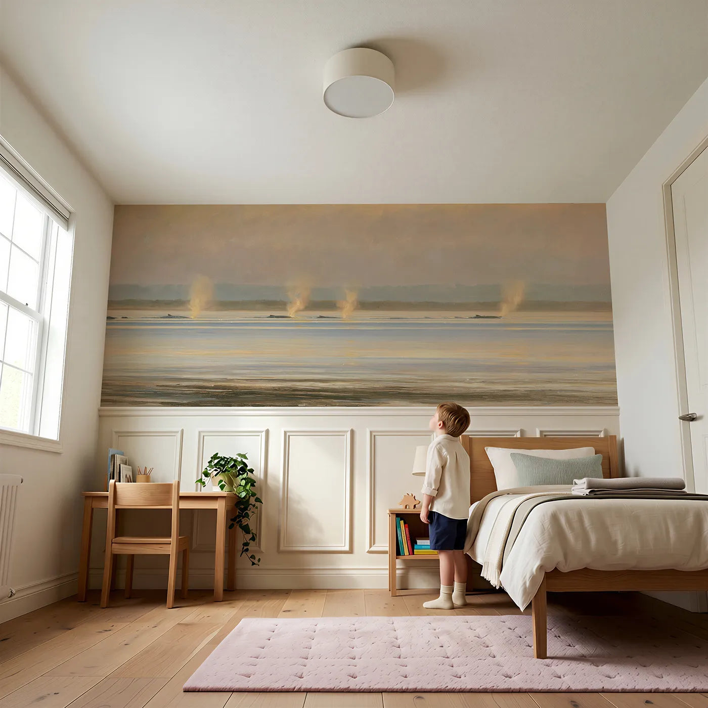 Child reading near Whale Spouts Evening Gold Wainscoting Wallpaper by Whimsy Tots