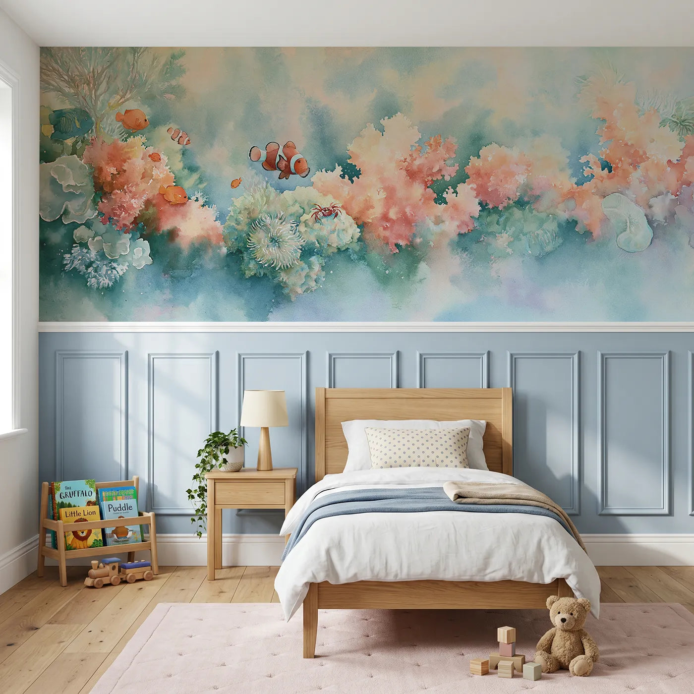 Watercolor wainscoting wallpaper of reef friends on a coral head by Whimsy Tots