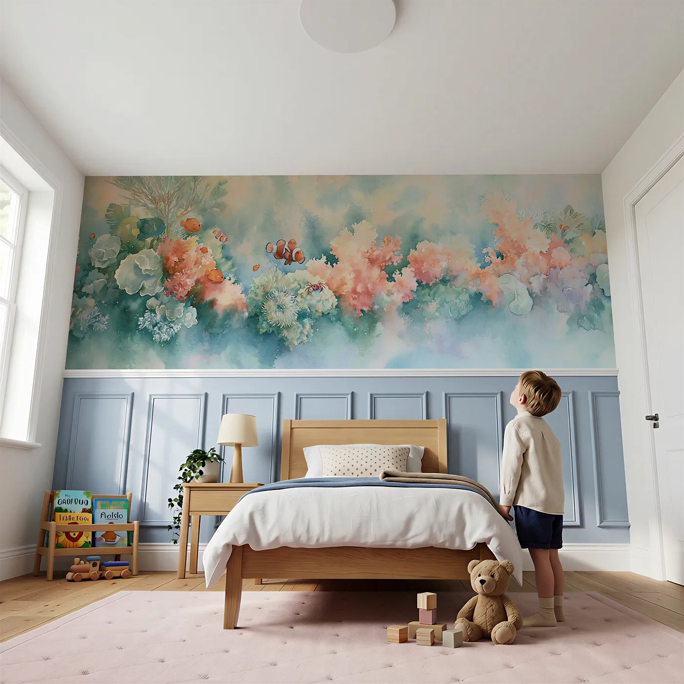 Child reading near Reef Friends Morning Swim Wainscoting Wallpaper by Whimsy Tots