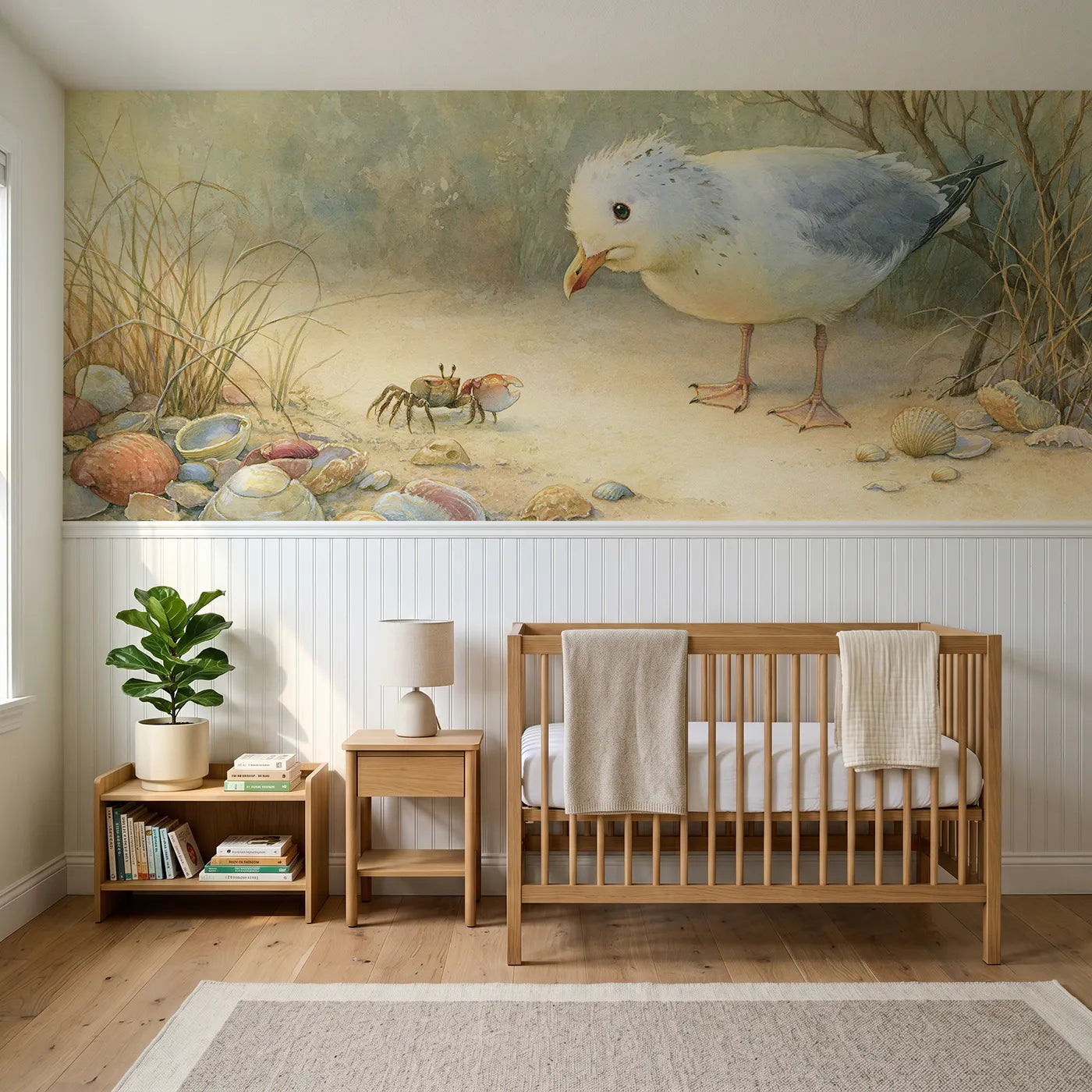 Storybook wainscoting wallpaper of a crab and gull comic standoff by Whimsy Tots