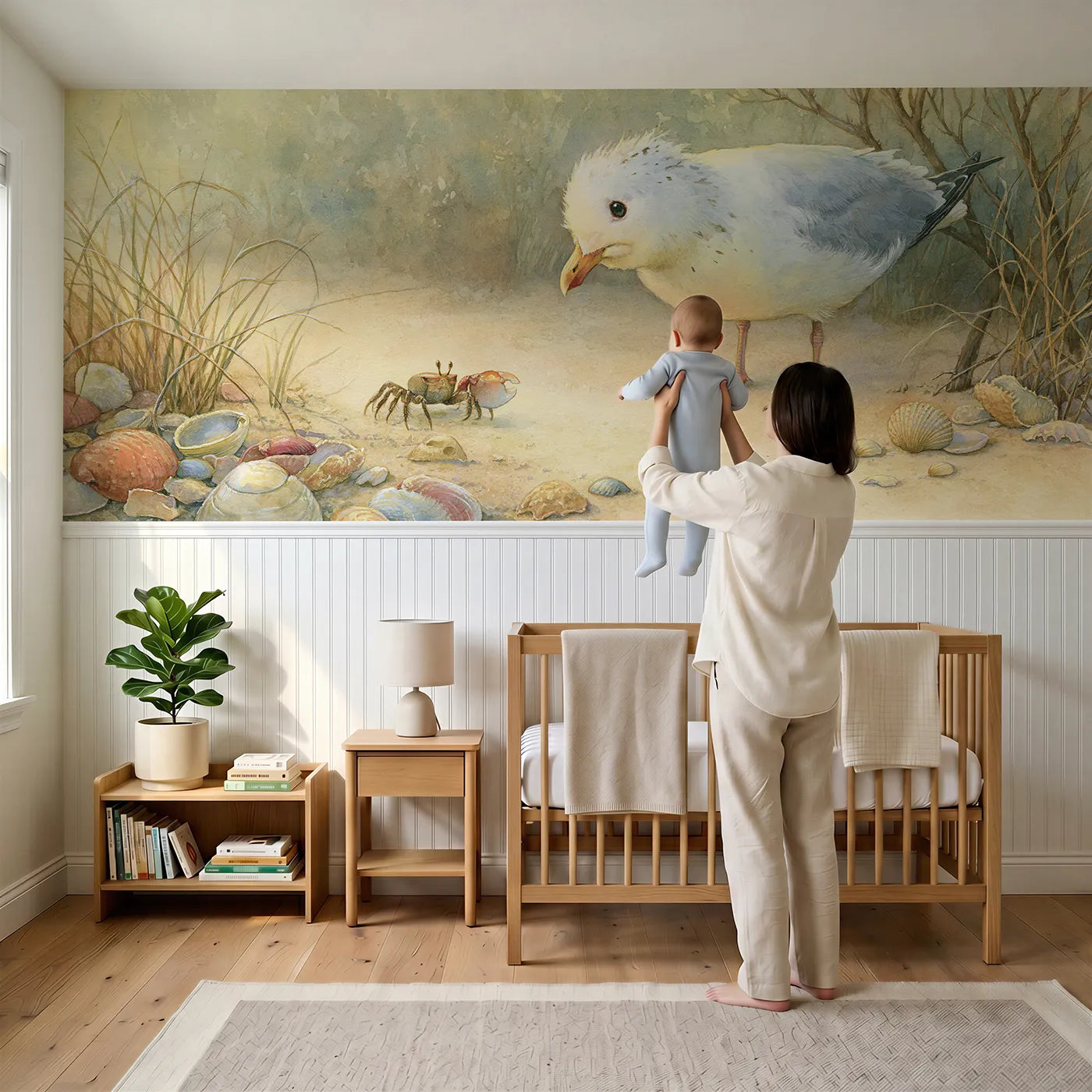 Child reading near Crab and Gull Standoff Stare Wainscoting Wallpaper by Whimsy Tots