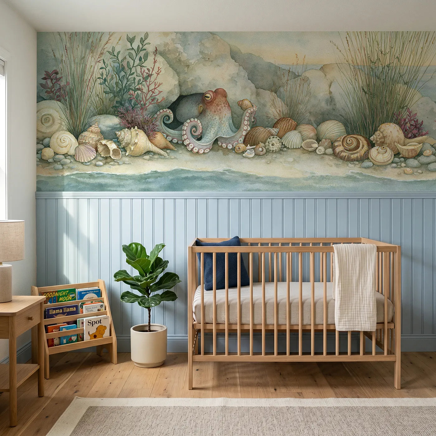 Storybook wainscoting wallpaper of an octopus arranging shells by Whimsy Tots