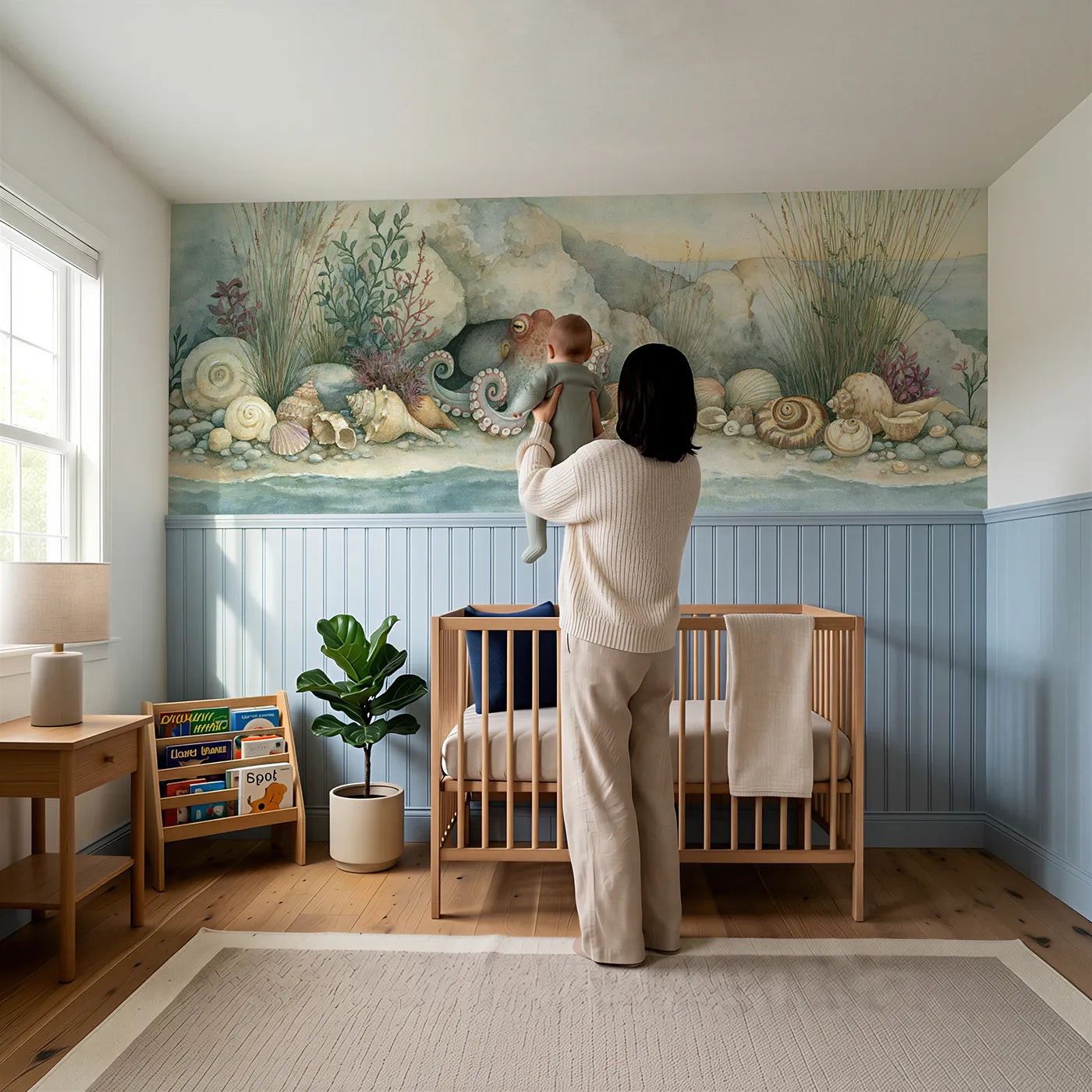 Child reading near Octopus Shell Collection Wainscoting Wallpaper by Whimsy Tots