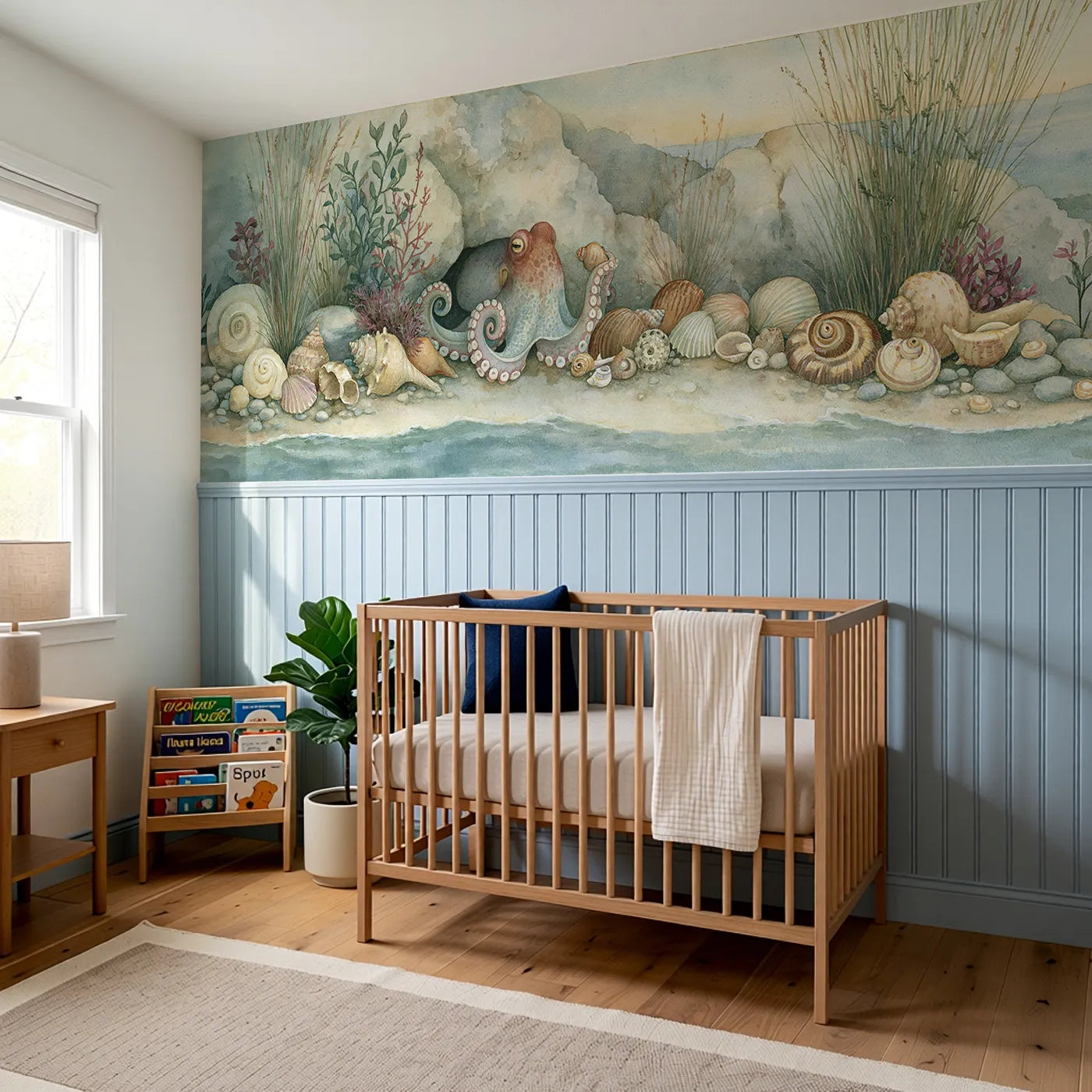 Octopus Shell Collection Wainscoting Wallpaper styled in a kids room by Whimsy Tots