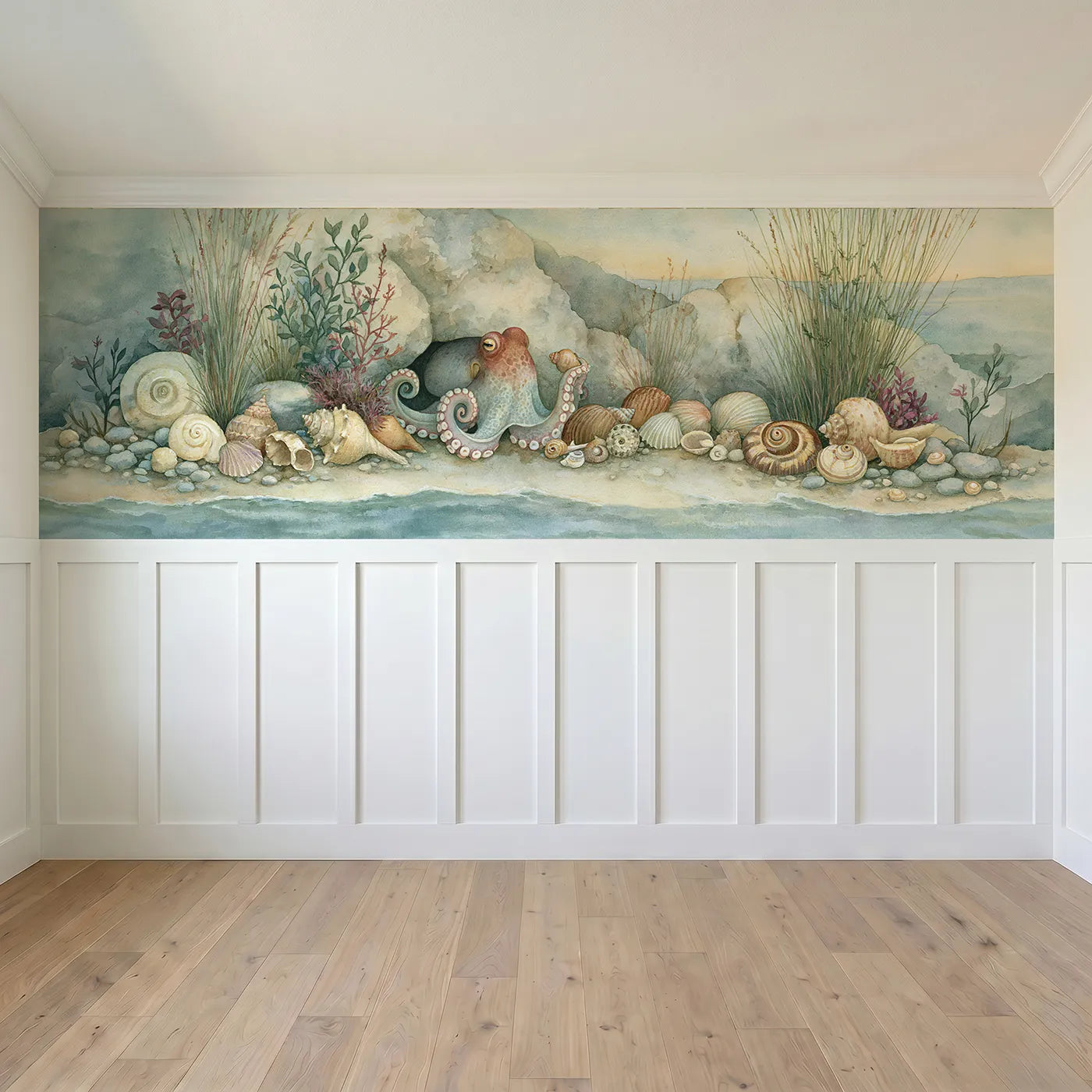 Full panel view of Octopus Shell Collection Wainscoting Wallpaper by Whimsy Tots