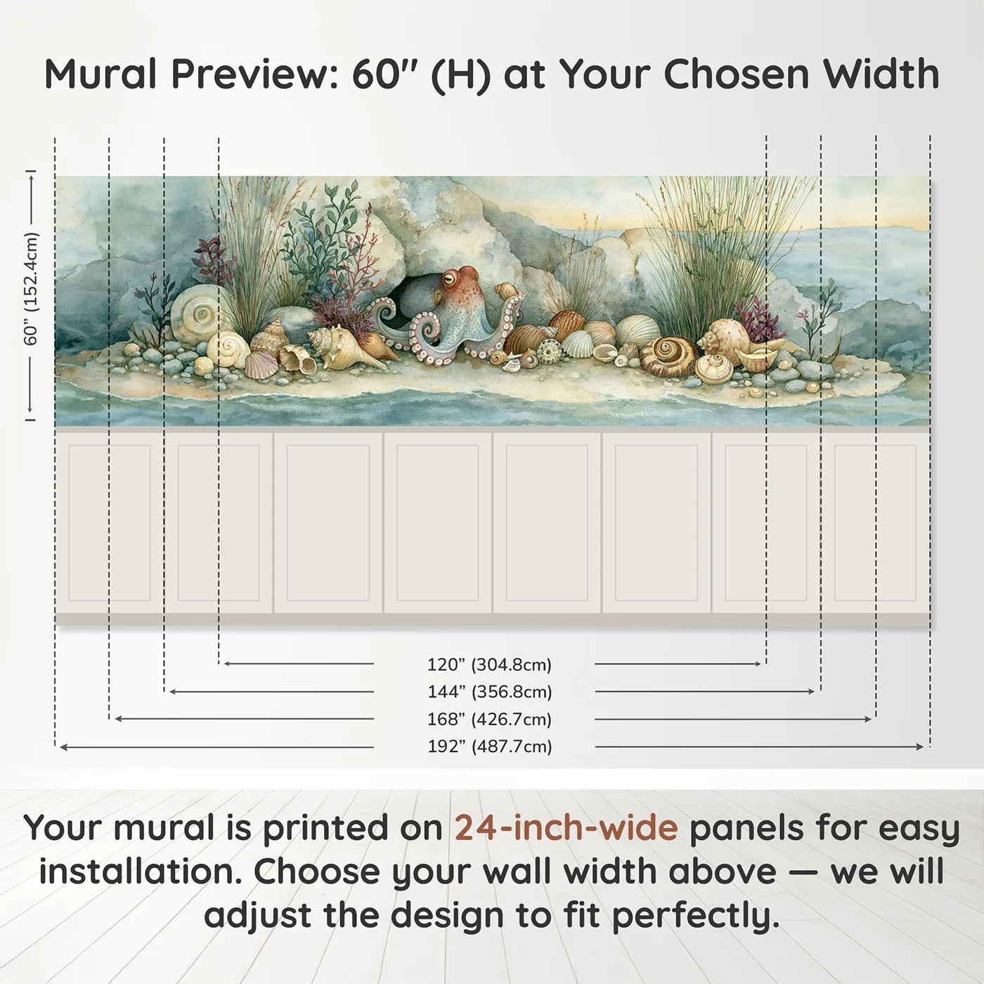 Panel dimensions for Octopus Shell Collection Wainscoting Wallpaper by Whimsy Tots