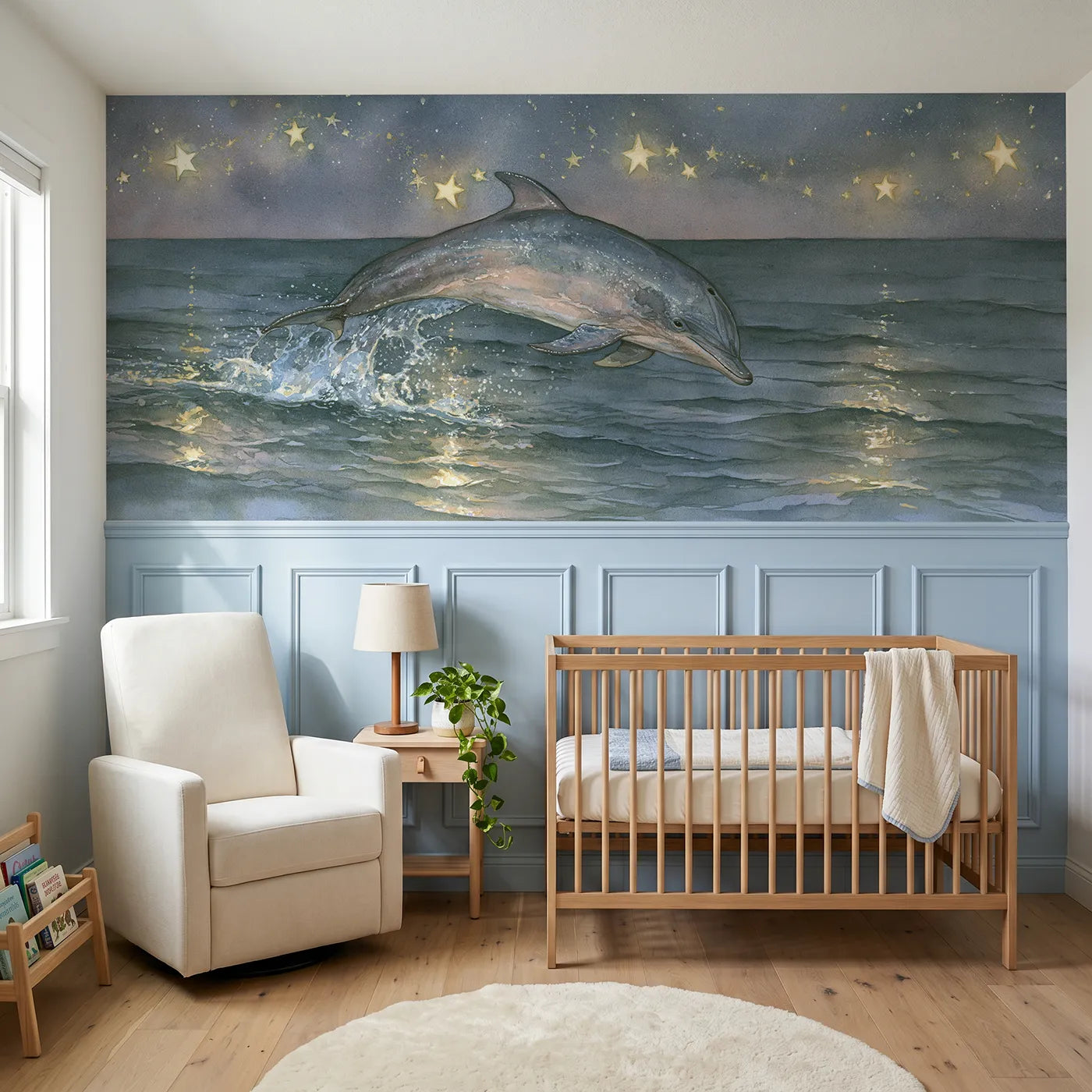 Storybook wainscoting wallpaper of a dolphin splashing starlight by Whimsy Tots