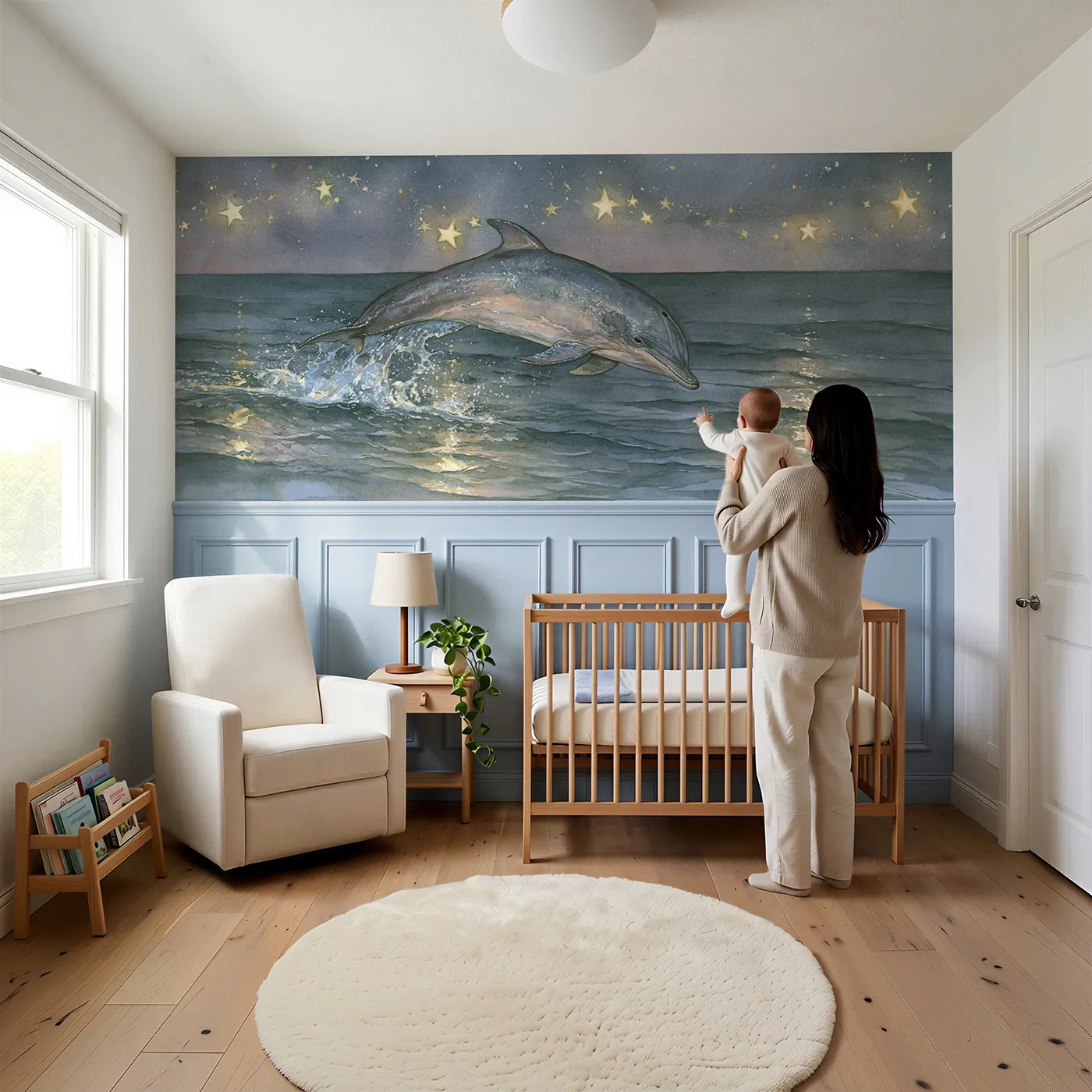 Child reading near Dolphin Starlight Splash Wainscoting Wallpaper by Whimsy Tots