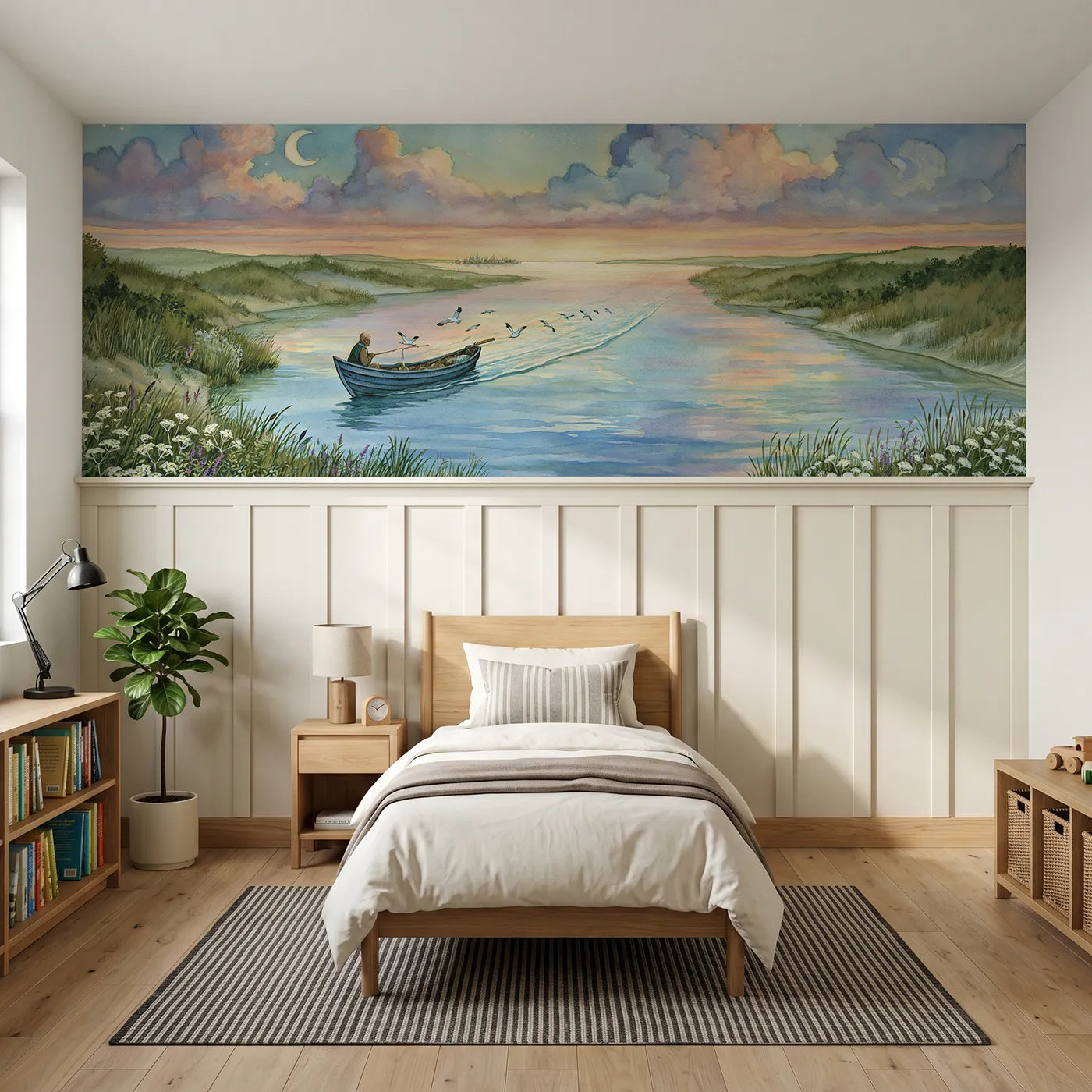 Storybook wainscoting wallpaper of a fishing boat returning at dawn by Whimsy Tots