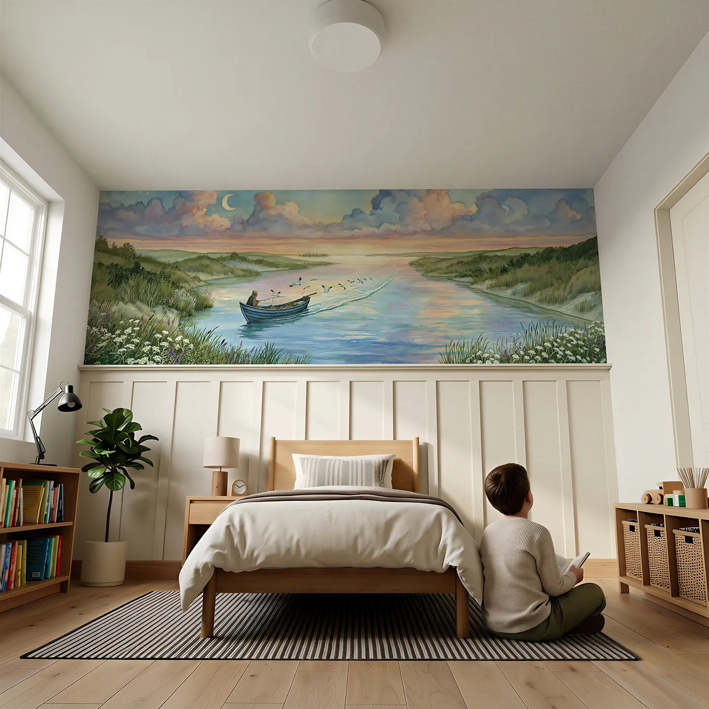Child reading near Fishing Boat Morning Return Wainscoting Wallpaper by Whimsy Tots