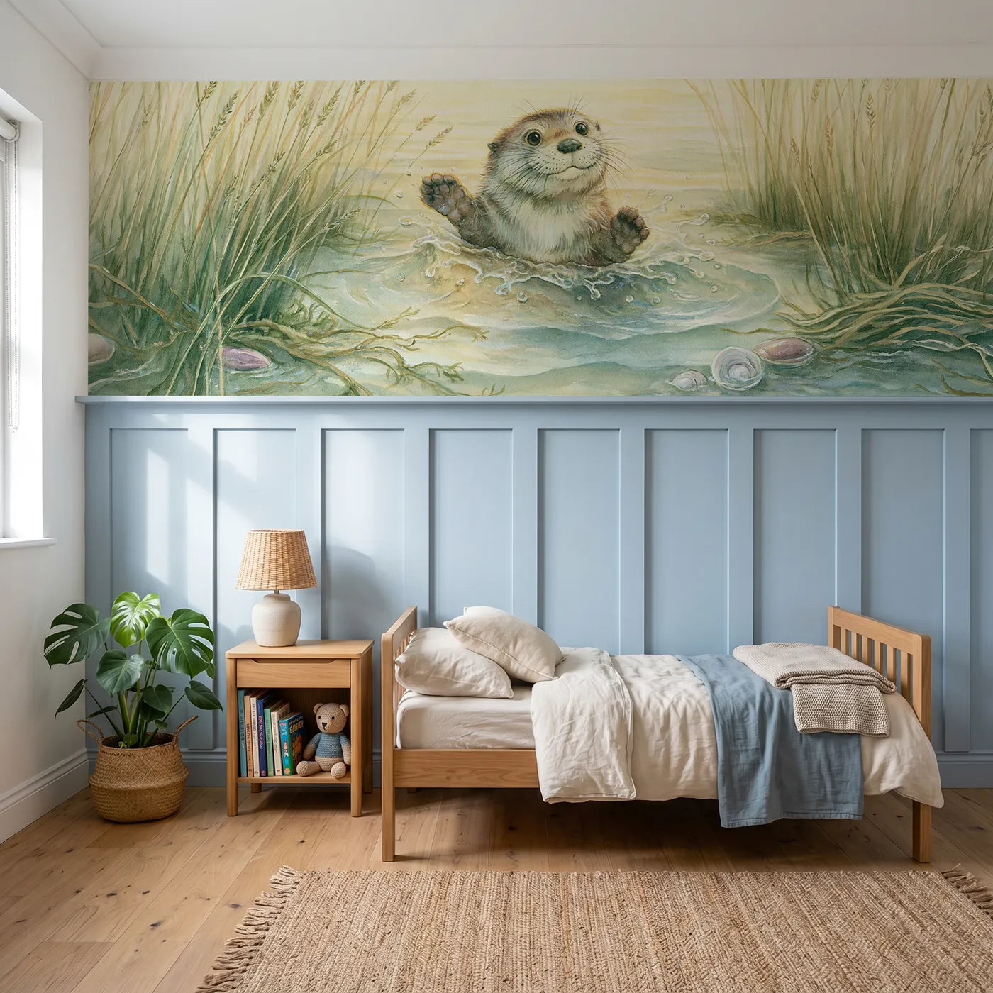 Storybook wainscoting wallpaper of a seal pup splashing hello by Whimsy Tots