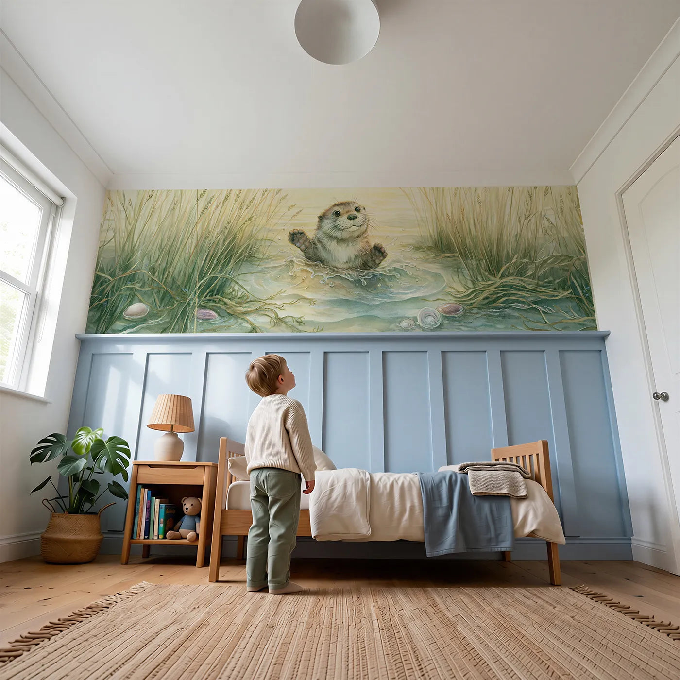 Child reading near Seal Pup Splash Hello Wainscoting Wallpaper by Whimsy Tots