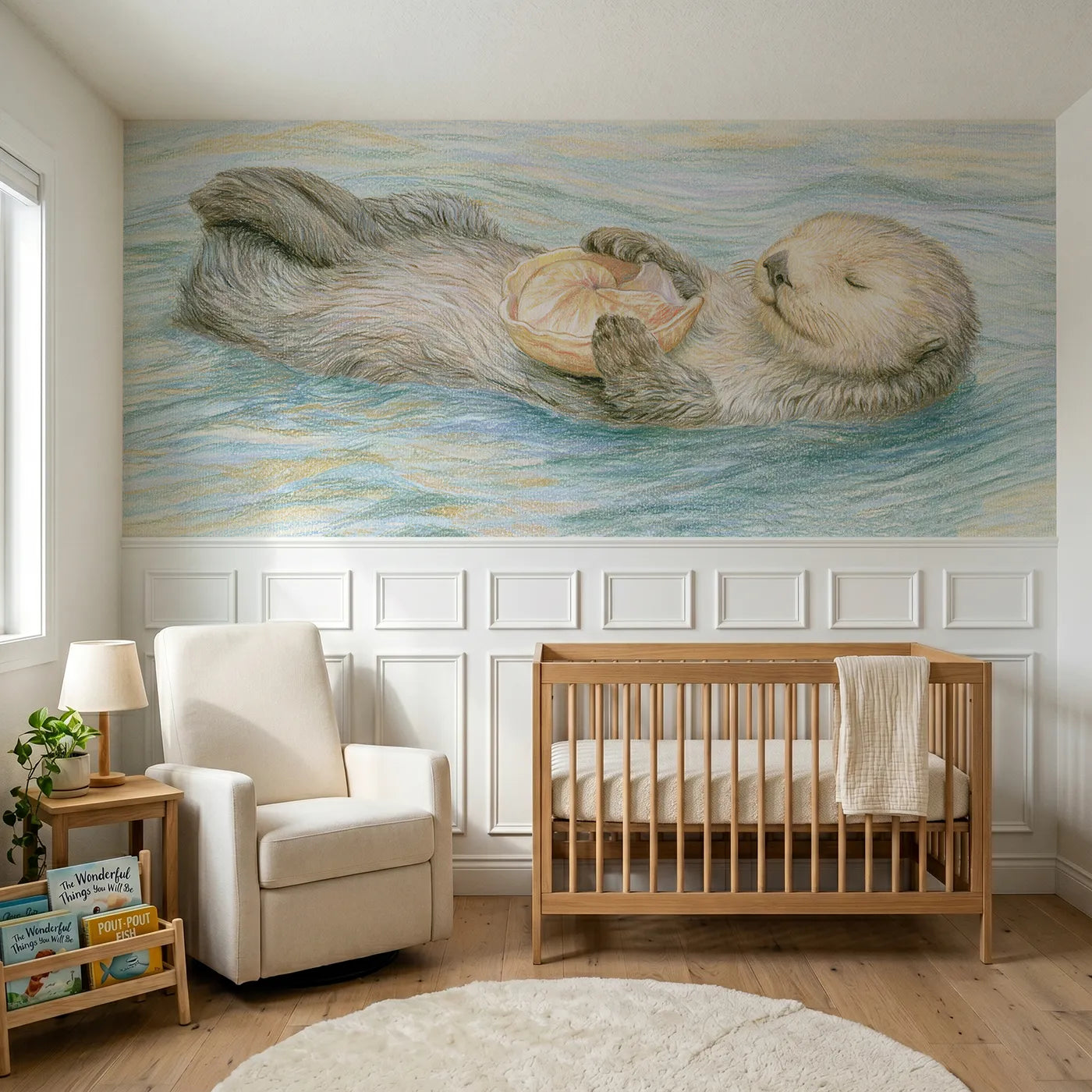 Colored pencil wainscoting wallpaper of an otter floating with a shell by Whimsy Tots