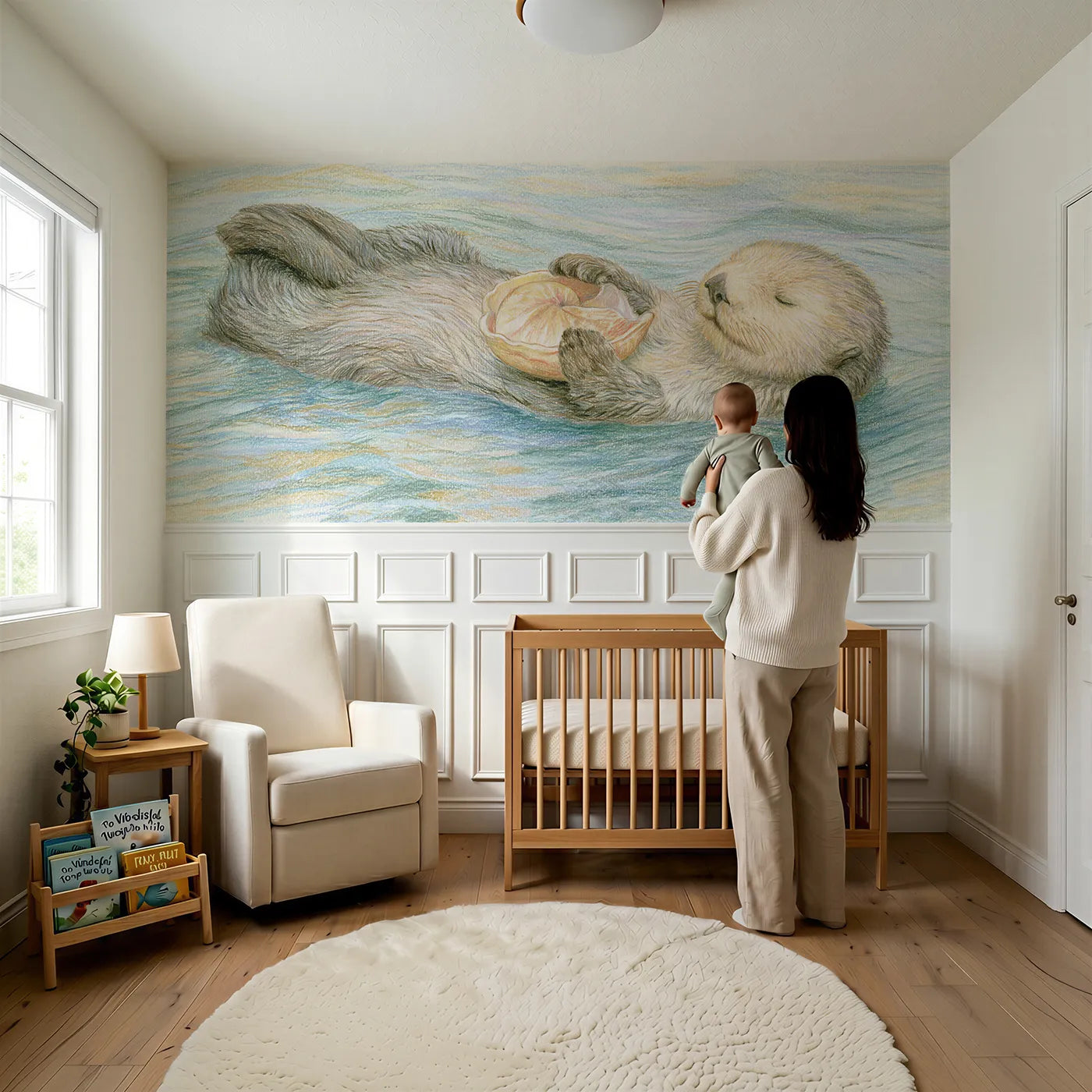 Child reading near Otter Back Float Snack Wainscoting Wallpaper by Whimsy Tots