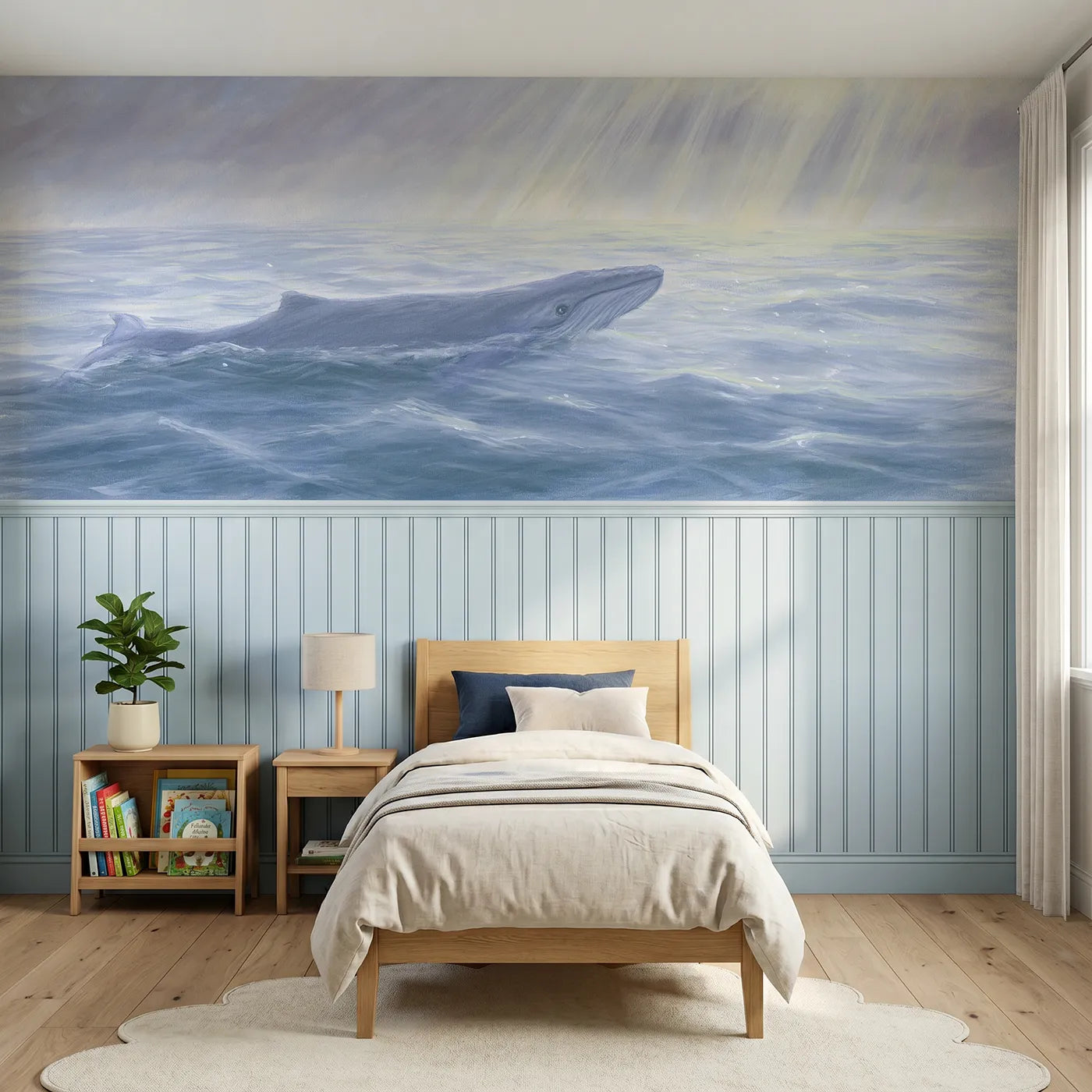 Colored pencil wainscoting wallpaper of a whale calf watching surface light by Whimsy Tots
