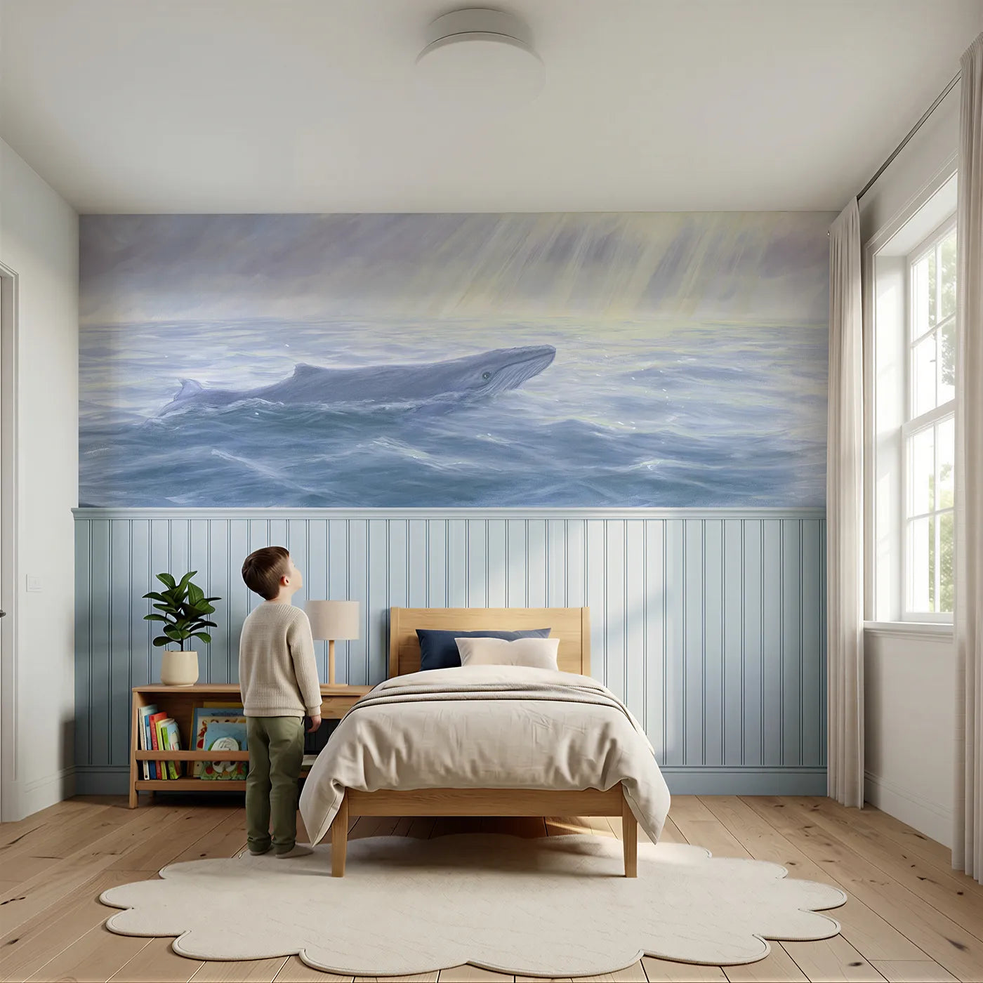 Child reading near Whale Calf Curious Tilt Wainscoting Wallpaper by Whimsy Tots