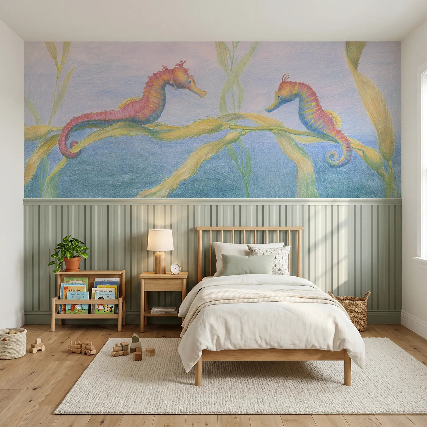 Colored pencil wainscoting wallpaper of seahorses circling a kelp strand by Whimsy Tots