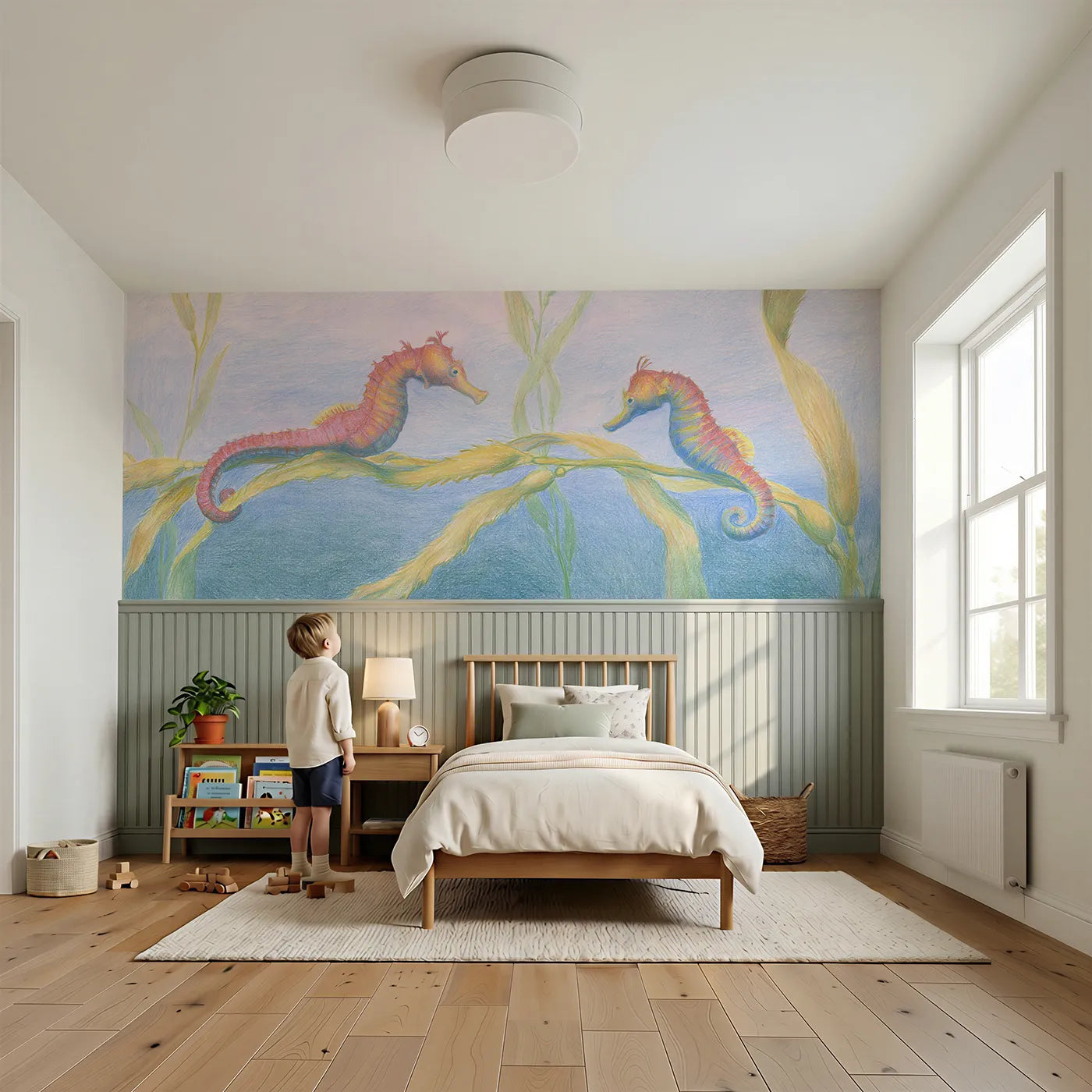 Child reading near Seahorse Pair Carousel Drift Wainscoting Wallpaper by Whimsy Tots
