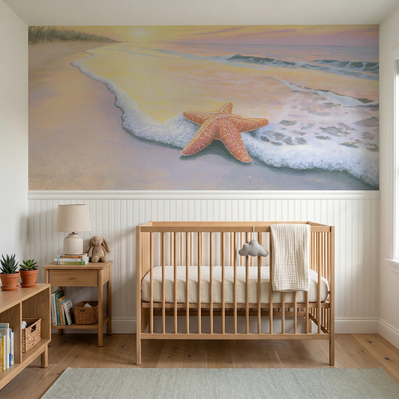 Colored pencil wainscoting wallpaper of a wave washing over a starfish by Whimsy Tots