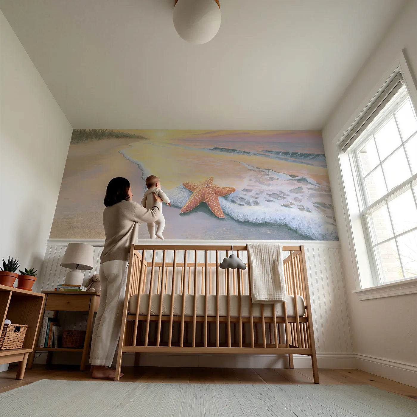 Child reading near Starfish Gentle Wave Wash Wainscoting Wallpaper by Whimsy Tots
