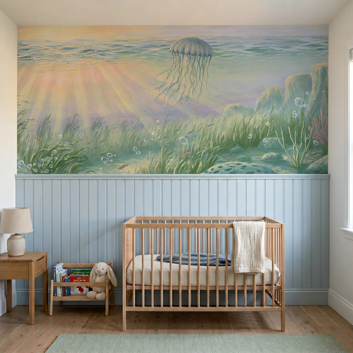 Colored pencil wainscoting wallpaper of a jellyfish rising like a balloon by Whimsy Tots