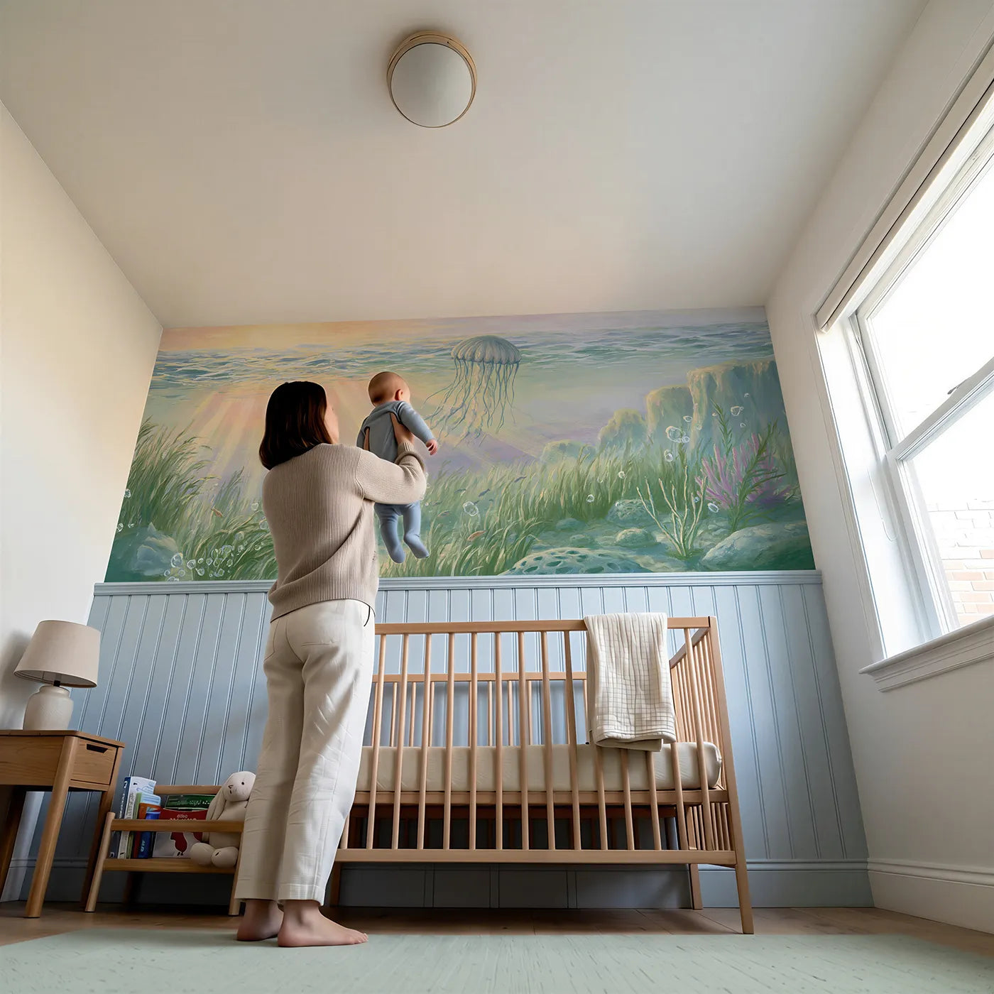 Child reading near Jellyfish Slow Rise Morning Wainscoting Wallpaper by Whimsy Tots