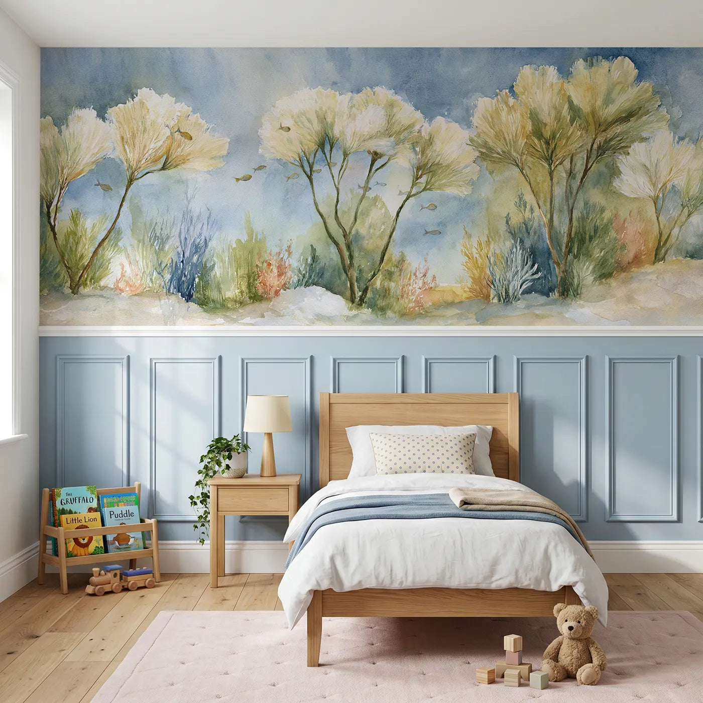 Watercolor wainscoting wallpaper of a swaying sea fan garden by Whimsy Tots